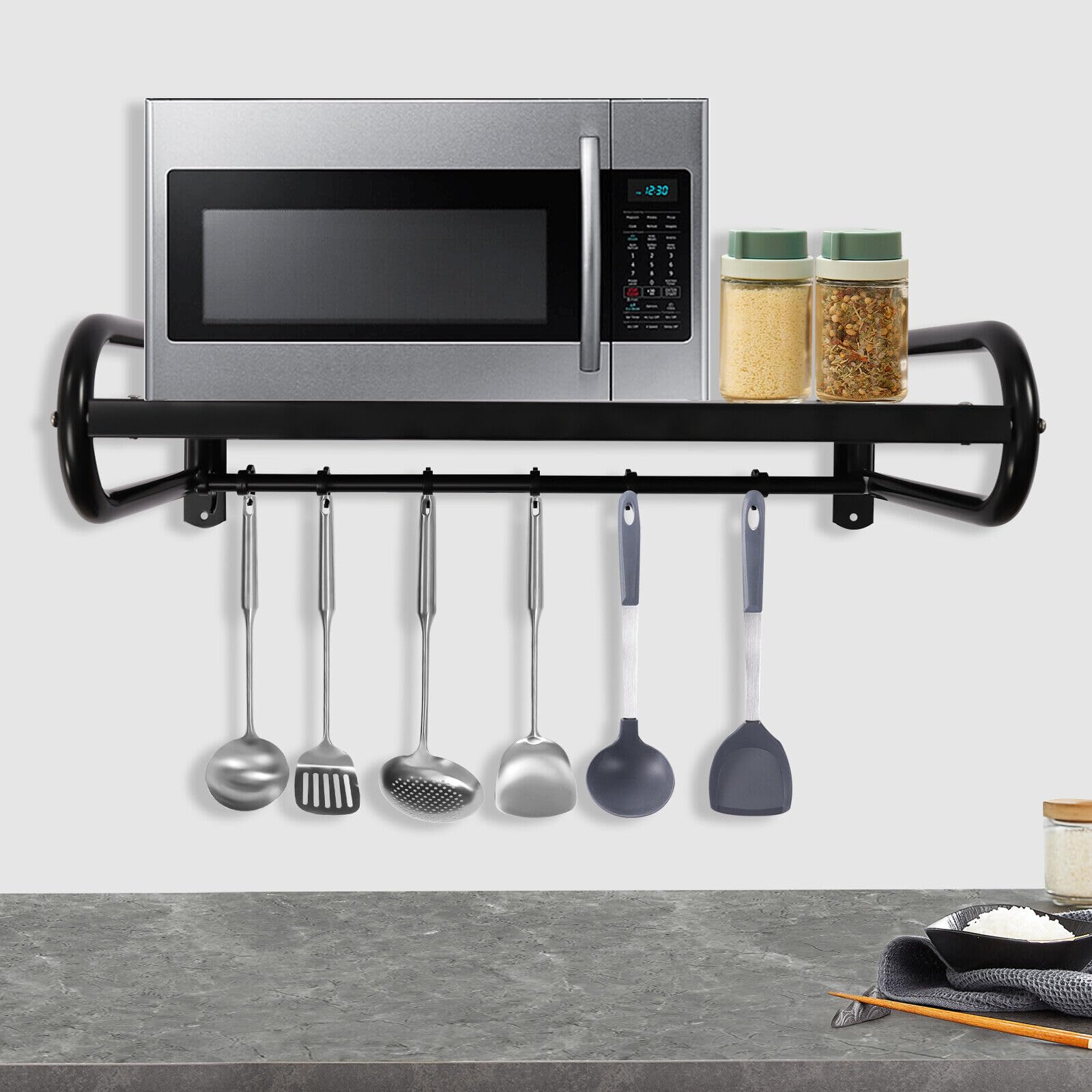 Estante de pared para microondas, rectangular, soporte para microondas, soporte de pared, soporte para microondas con 6 ganchos móviles, grosor de acero inoxidable, soporte para microondas de