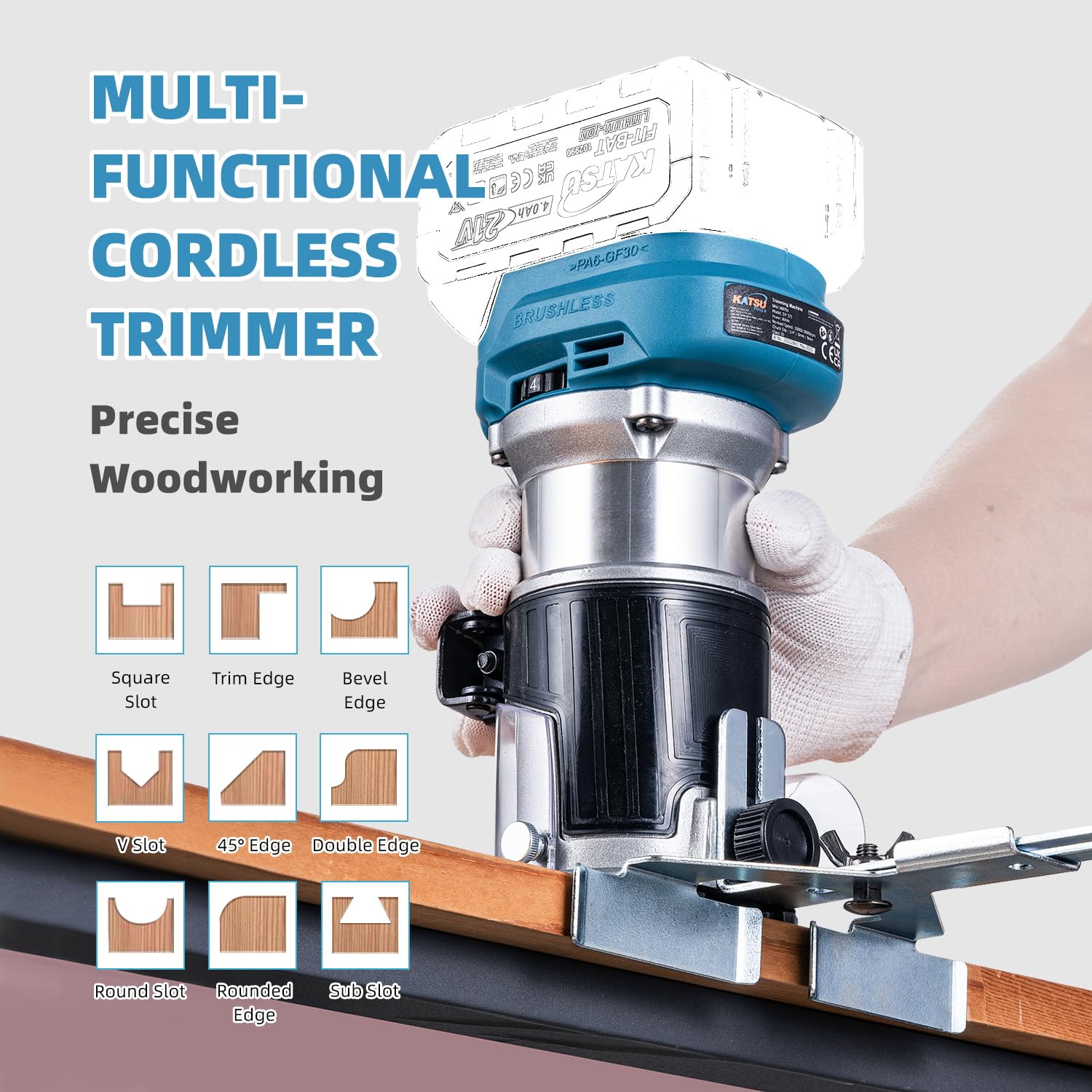 KATSU Cordless Wood Trimmer Laminator Router Router Strumento per falegnami 18V con 3 mandrini Pinze 1/4", 6 mm e 8 mm solo corpo