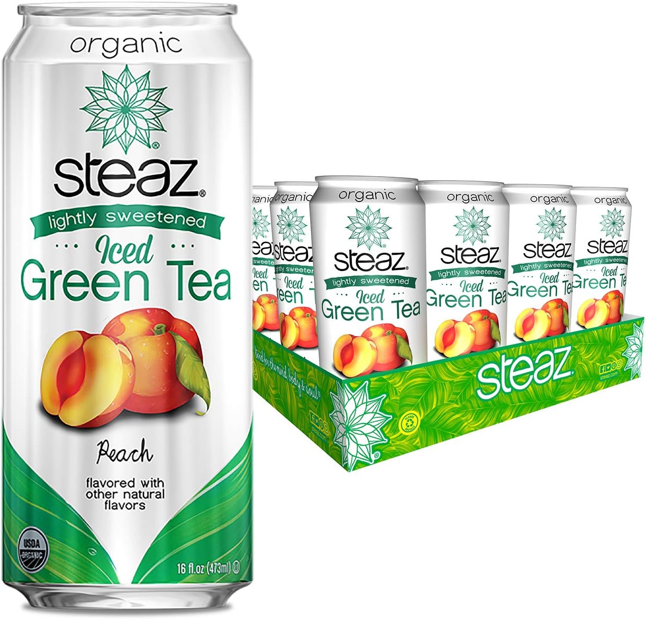 Organic Iced Green Tea, Peach Lightly Sweetened, 16 oz (Pack of 12)