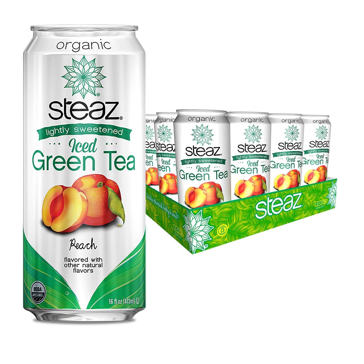 Steaz Organic Iced Green Tea, Peach Lightly Sweetened, 16 oz (Pack of 12)