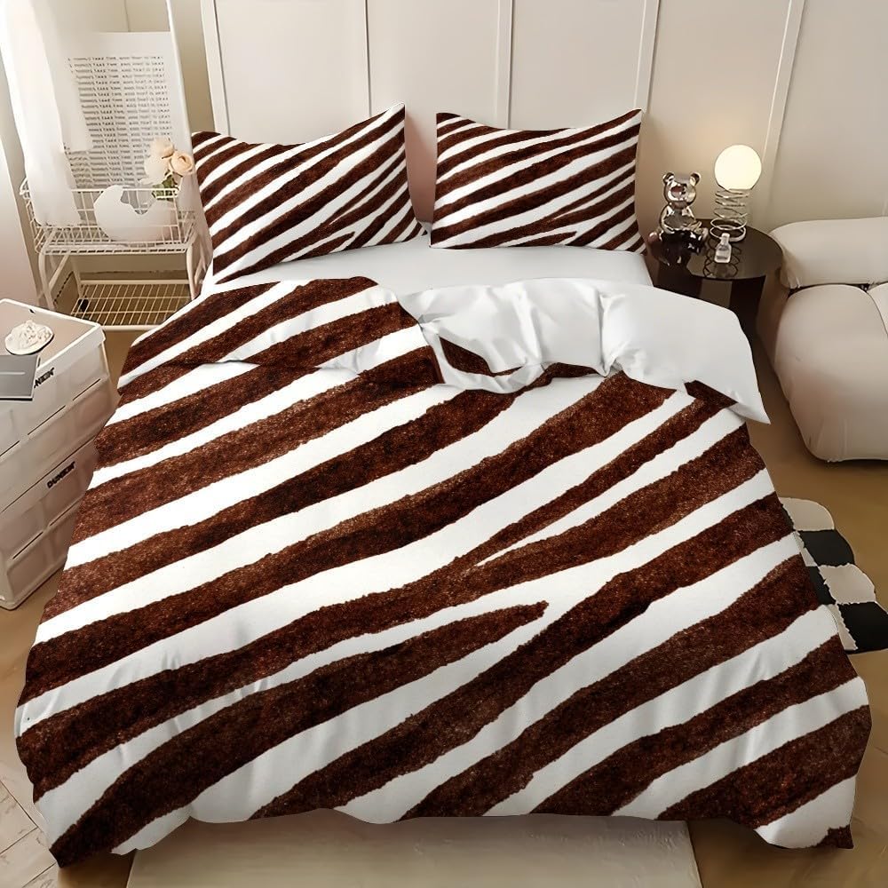 Brązowe paski zestaw poszewek na kołdrę w super king size, zwierzęce paski, miękka poszewka na kołdrę, całoroczna poszewka na kołdrę 260 x 220 cm, szczotkowana mikrofibra, hipoalergiczne zestawy