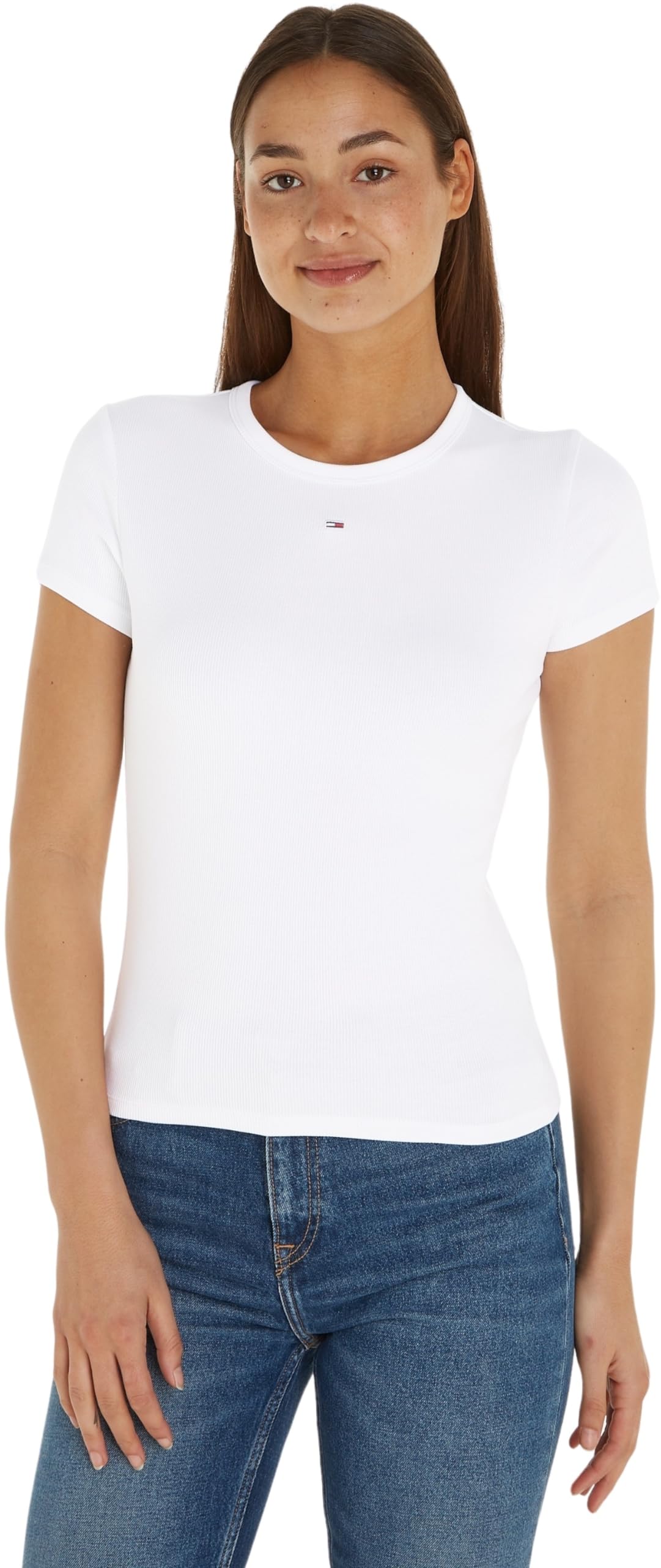 Tommy Hilfiger Women's White Ribbed Slim Crew Neck T-Shirt