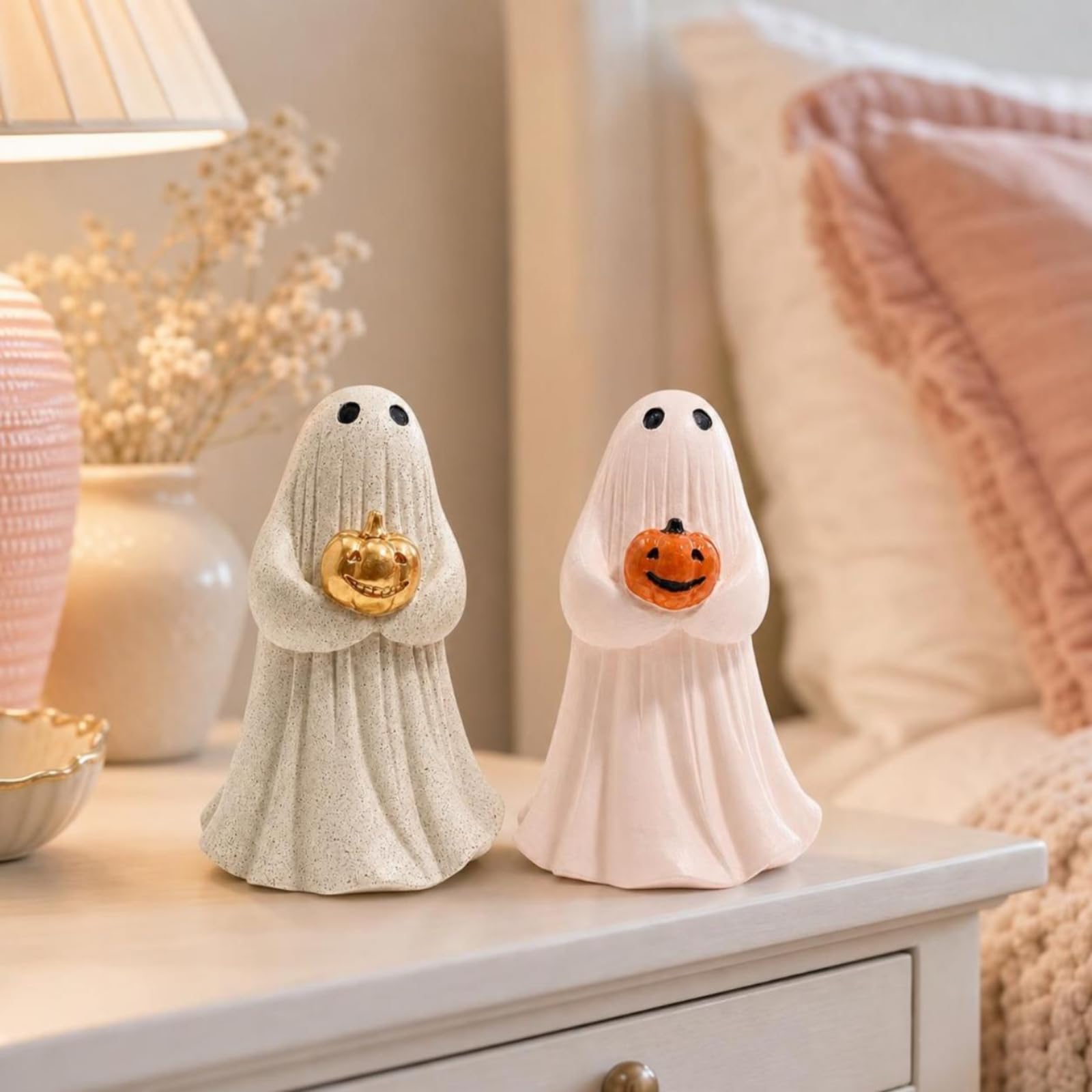 2 Pezzi Statuetta Fantasma con Zucca Decorativa Spettri con Zucca Piccole Decorazione per Halloween