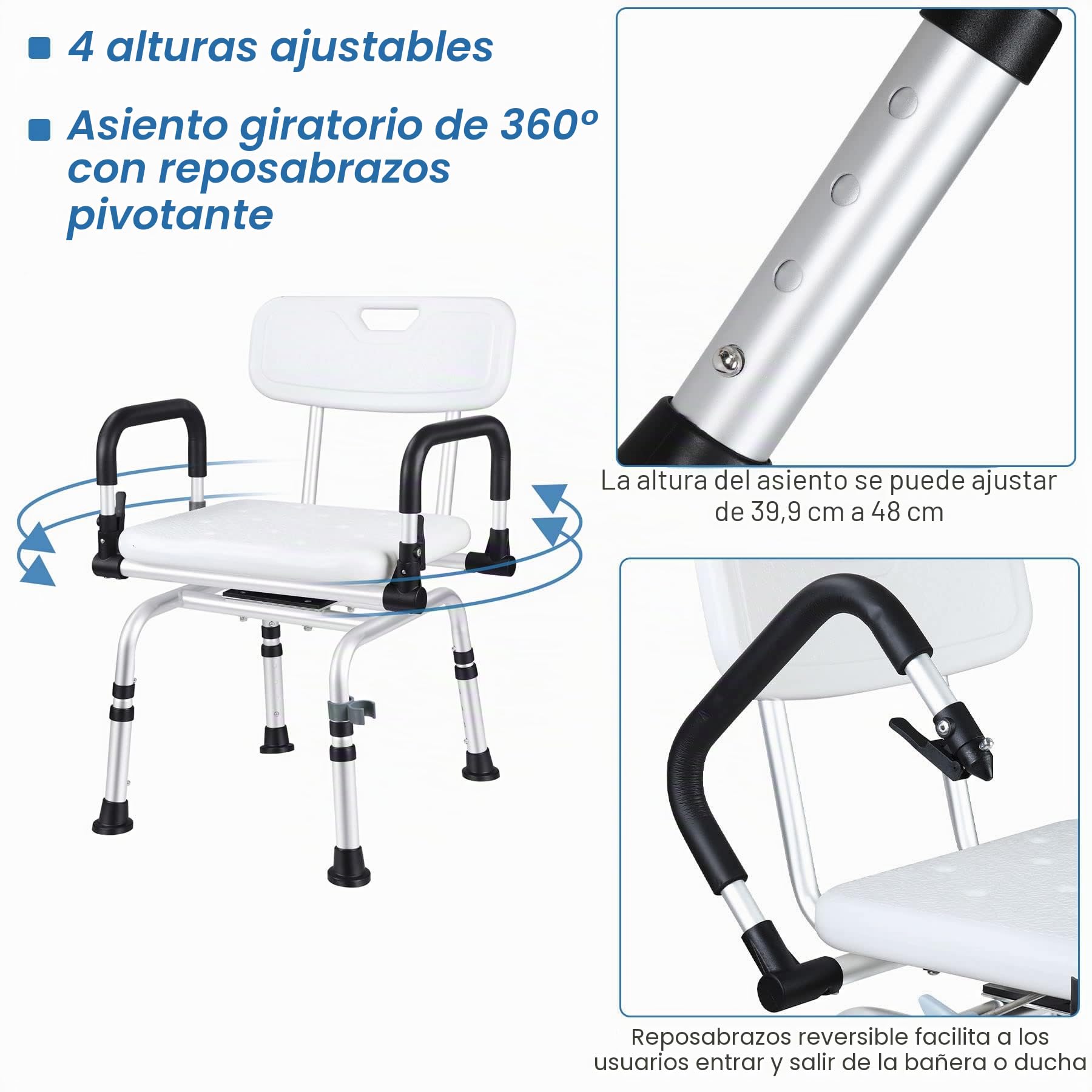 NArra 360° Taburete de Ducha Giratorio, Silla de Ducha Ajustable con Respaldo y Apoyabrazos, Silla de Baño para Embarazadas, Ancianos, Discapacitados, Carga hasta 180kg