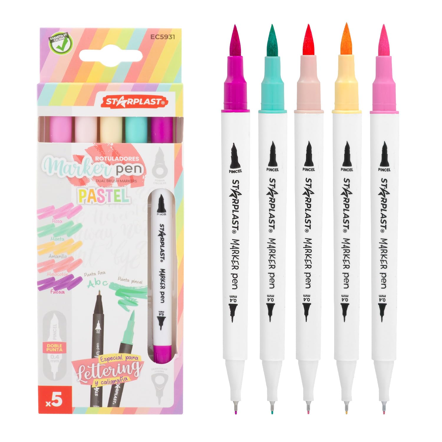 Starplast 5 Rotuladores Doble Punta Pincel 1-2mm y Punta Fina 0.4mm, 5 Colores Pastel, para Artistas, Lettering, Colorear o Uso Escolar