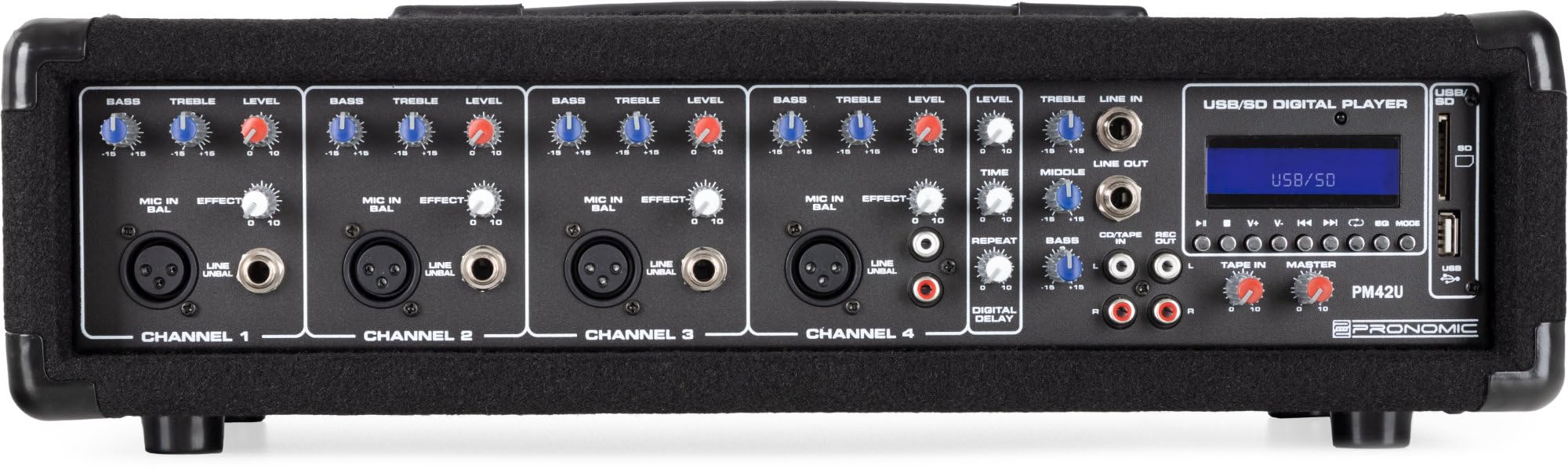 Pronomic PM42U MKII MP3 Powermixer, Entrée jack 6, 35 mm asymétrique | Entrée XLR symétrique pour micros dynamiques, Réglages d’effet et de niveau par canal, Time (140 - 342 ms) et Repeat, 5 x 13