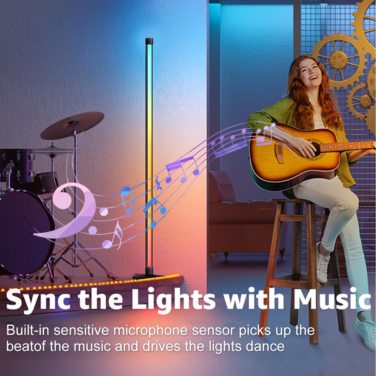 Halucky LED Floor Lamp, 63-Inch RGB Corner Light with Music Sync
