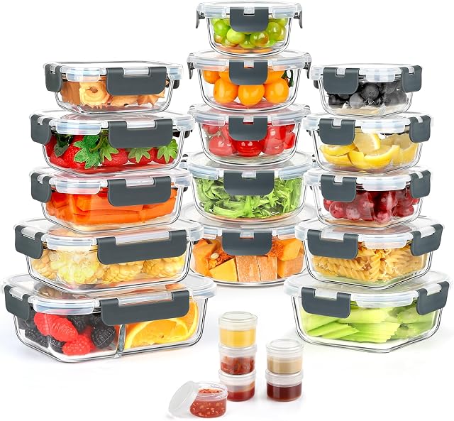 42 Pack Glass Food Storage Containers with Lids, 21 Containers and 21 Lids, One 2 Compartment with Locking Lid, Leak Proof, BPA Free, Grey