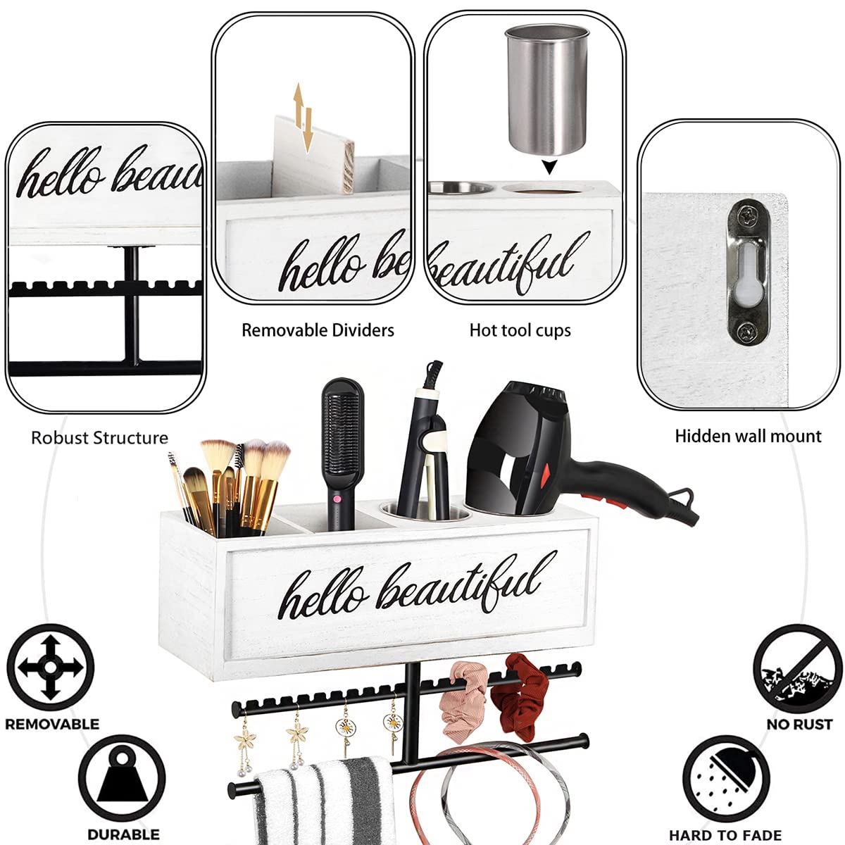 Soporte rústico para secador de pelo montado en la pared, organizador de herramientas y accesorios para peinar el cabello, suministros de baño y herramientas calientes, organizador de tocadores, para