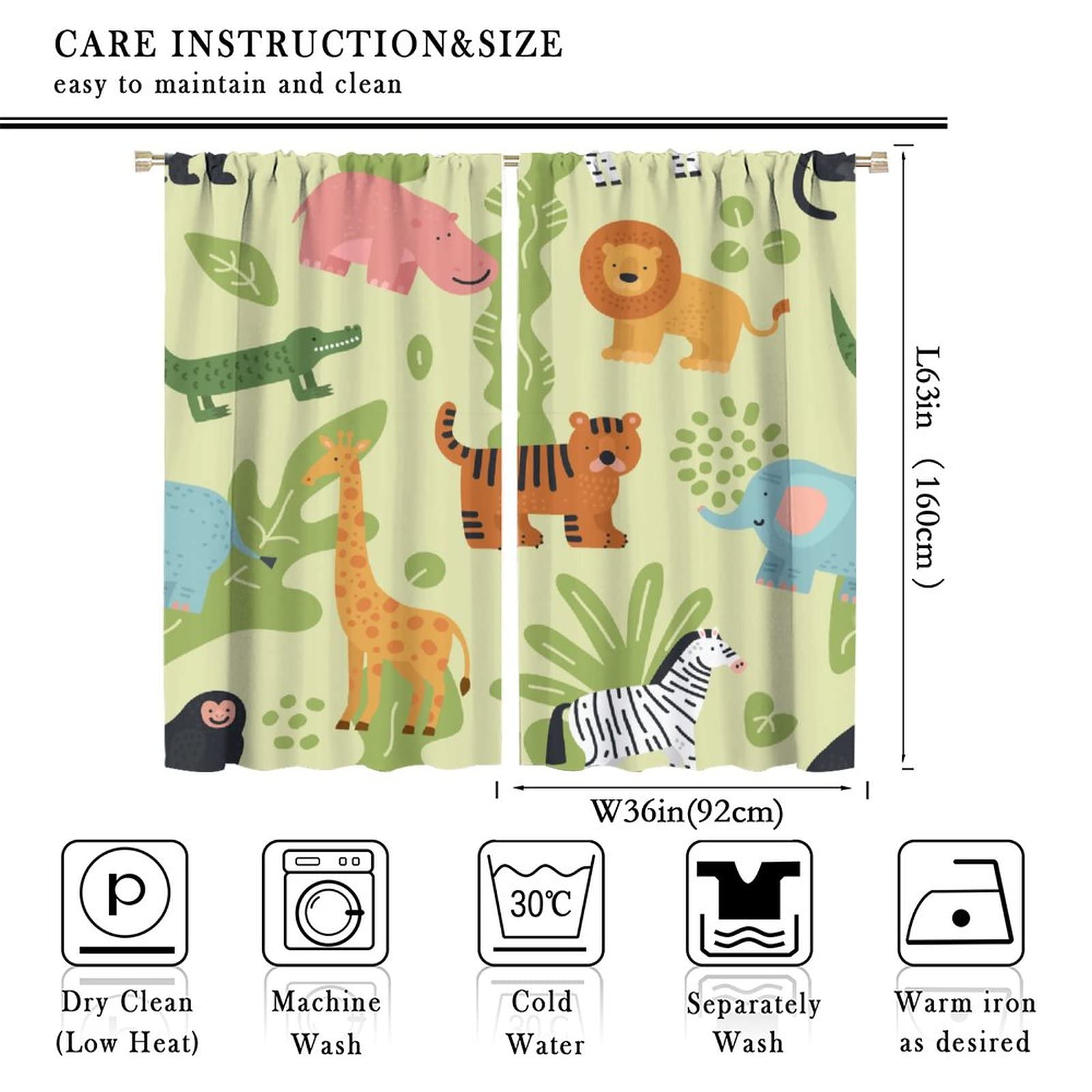 Cartoon Animals Blackout Curtains Colorful Cute Forest Safari Animals Green Kids Bedroom Nursery Living Room Decor Rod Pocket 2 Panels 55x63in