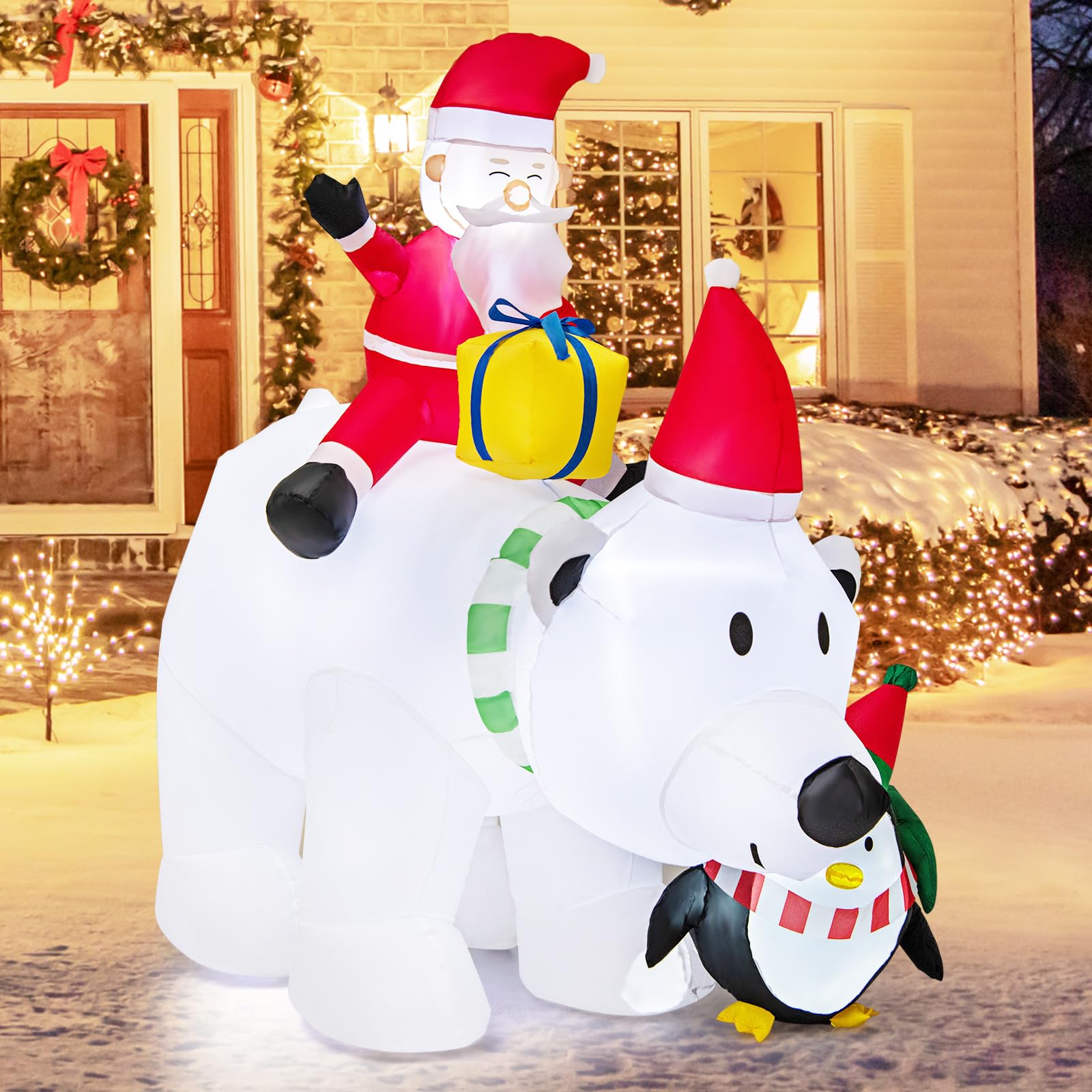 GYMAX Inflatable Natalizio di 210 CM, Orso Polare Gonfiabile con Testa Che Si Agita, Babbo Natale e Pinguino, Decorazione Natalizia Illuminata con Luci LED per Interni ed Esterni, con sacchi d'acqua