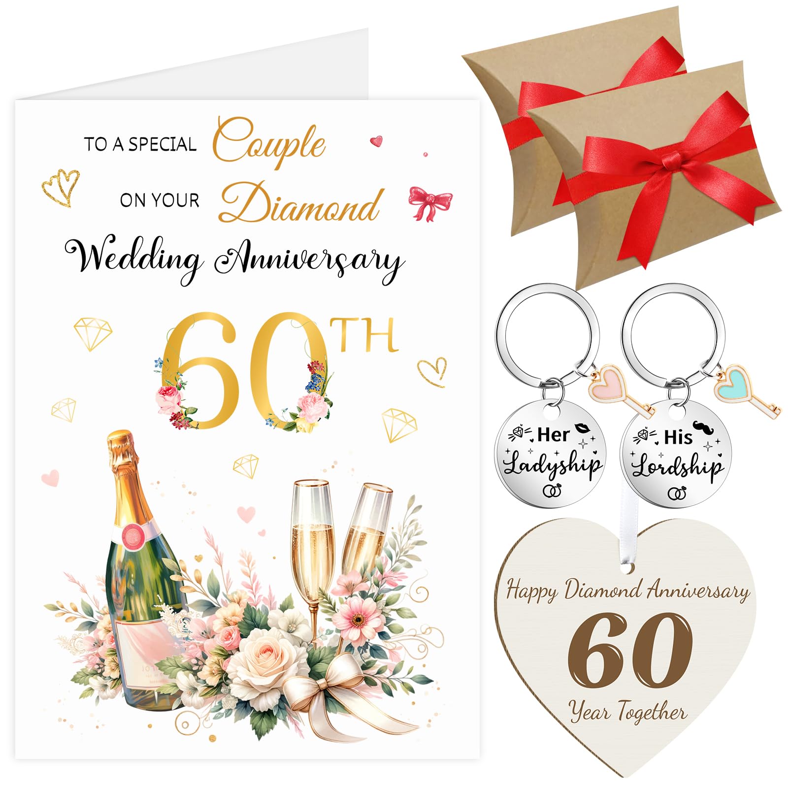 Epaing 60th Wedding Anniversary Card for Couple Set, Greeting Diamond Wedding Gifts for Husband Wife, Include Happy Anniversary Card, Keyrings, Gift Boxes, Hang Tag, Envelope and Ribbons(60 Years)