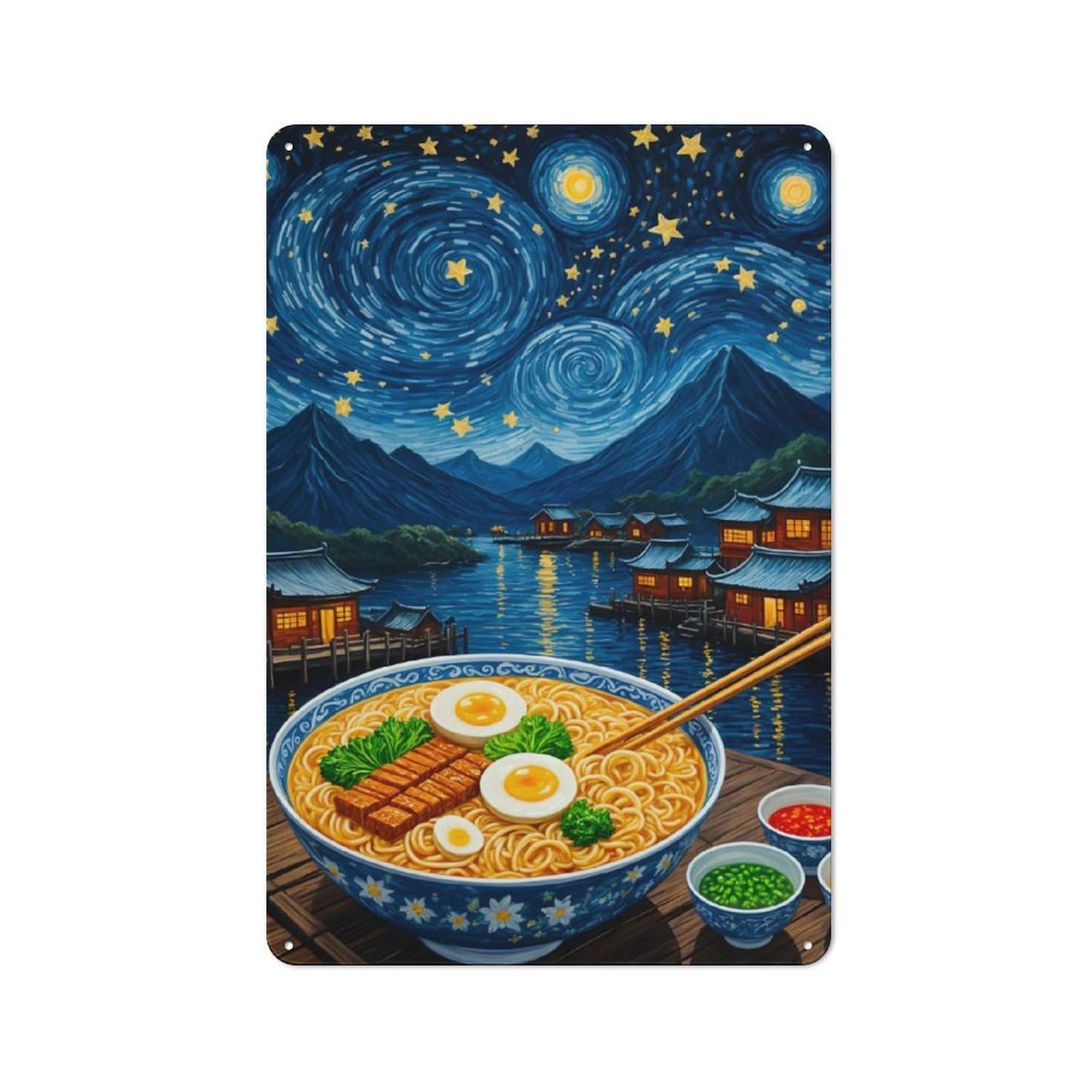 Decorative Metal Plaque with Ramen Starry Night Design 30x20cm, Casual Utility Space Decor for Patio Bar, Workshop, Shed Or Kitchen