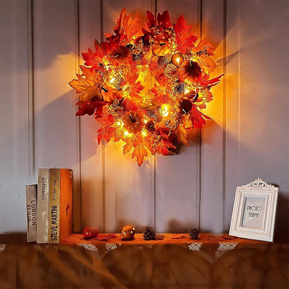 Goodern Maple Leaf Pumpkin Artificial Wreath,LED Lights Artificial Wreath Thanksgiving Artificial Wreath,Fall Artificial Wreath for Indoor Outdoor Home Wall Holiday Thanksgiving Halloween Decor-40cm