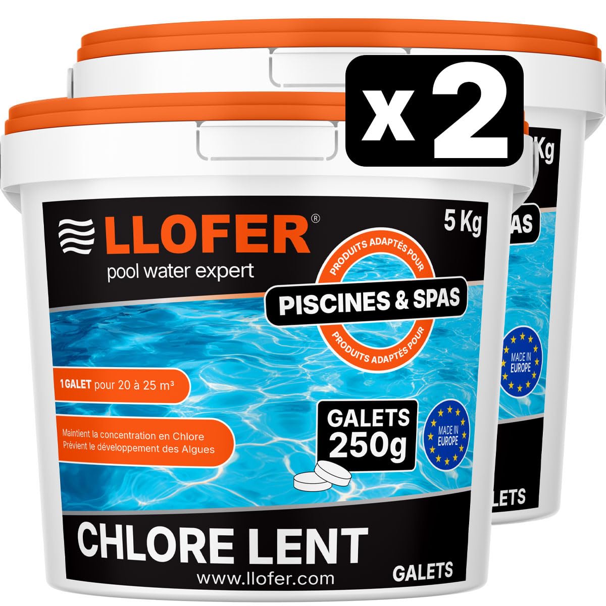 Galets de Chlore Lent 250g - Haute Teneur en Chlore (90%) - Seau de 2 x 5kg - chloration permanente hautement Efficace Contre Les bactéries, fabriquer en Europe