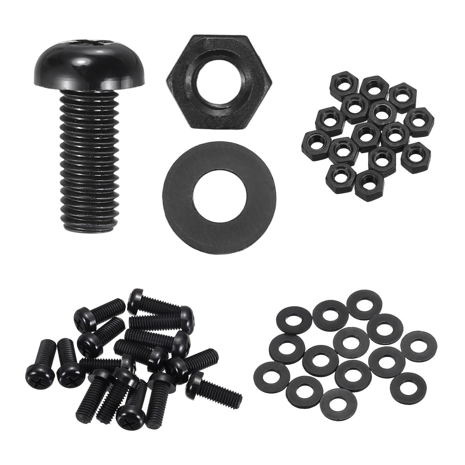 sourcing map 15 Set M8x20mm Nylon PA66 Plastic Cross Round Head Screw Phillips Bolts Hex Nuts Flat Washers Assortment Kit, Metric Full Thread Bolt Fasteners for DIY Machine Assembly, Black — image 1