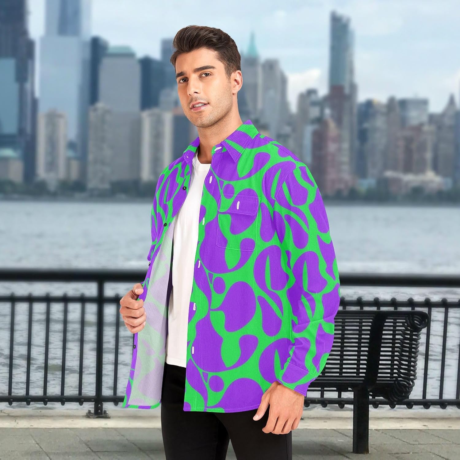 Purple Green Mystery Pattern Woolen Cord Fabric Long Sleeve Thermal Shirt Men for Women Business with Pockets