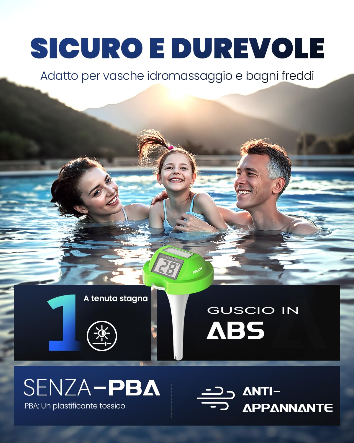 Termometro Galleggiante BALDR Solare con Doppio Display Anti-Riflesso | Sensore Temperatura Digitale IPX7 per Piscine/SPA(Verde)