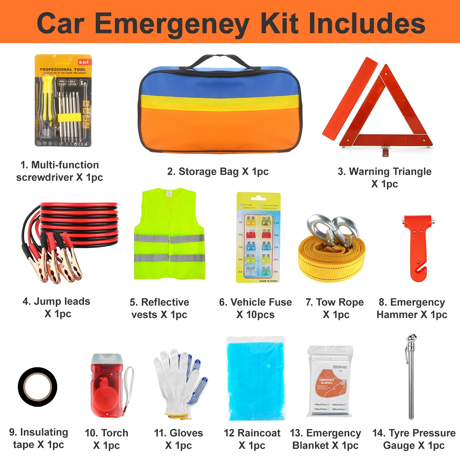 Kits d'urgence 14 en 1 pour Voiture,Contient Un Triangle De Signalisation/Un Marteau d'urgence/Un ImperméAble/Un Lampe De Poche, Etc. - Essentiels pour La SéCurité Automobile