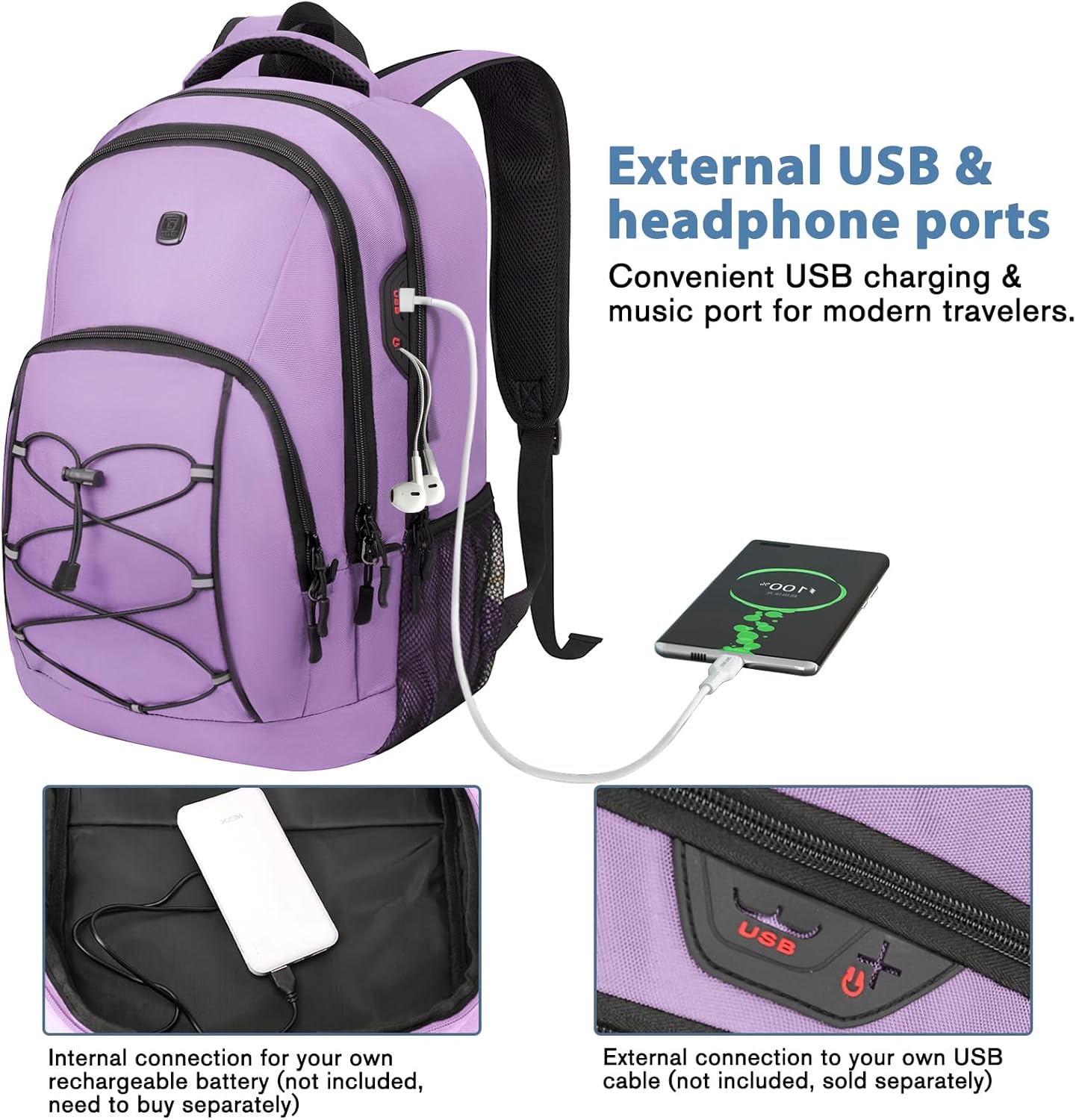 Goloni Laptop Backpack for Men Women, 17 Inch Travel Backpack with USB Charging Port, Water Resistant Lightweight Backpack with Compartments, 30L Casual Daypack,Purple