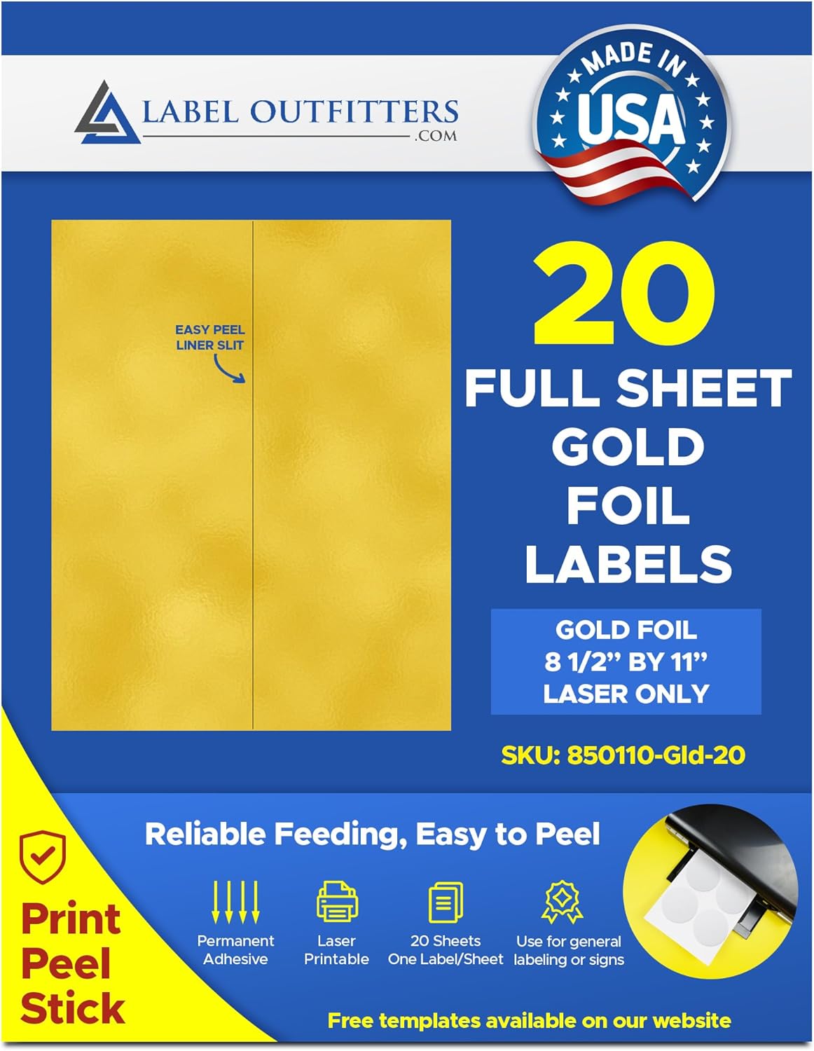 20 Label Outfitters® Full Sheet 8.5” x 11” Metallic Gold Foil Laser Permanent Adhesive Labels – 20 Sheets