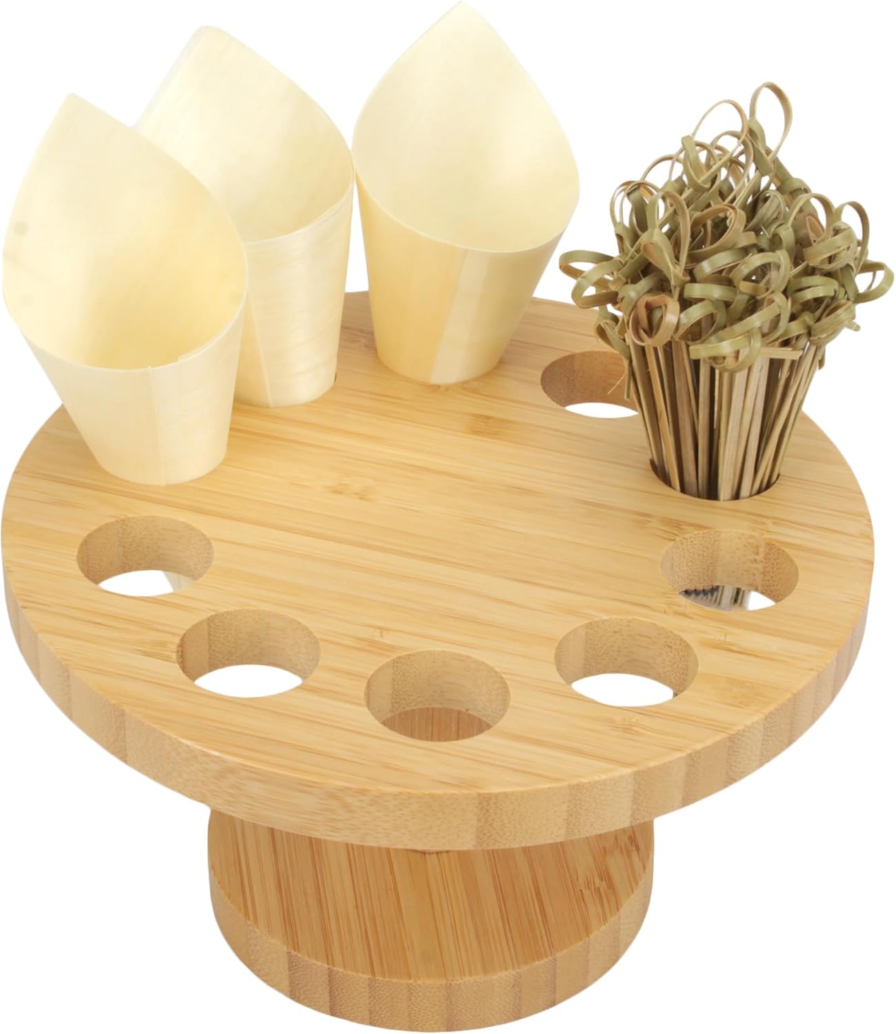 BambooMN 13" x 5.7" x 3.5" Bamboo S Wave Multi Level Food Cone Holder Display Tamaki Stand for Buffet, Restaurant, or Catered Events, With Wood Cones and Skewer Picks, 1 Set