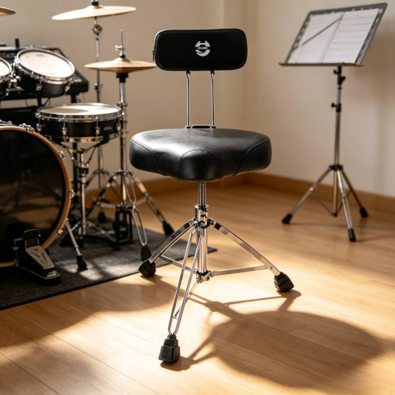 Schlagzeughocker mit Rückenlehne ergonomisch Schlagzeughocker mit Sattelsitz komfortabel Sattelsitz hub für Schlagzeuger