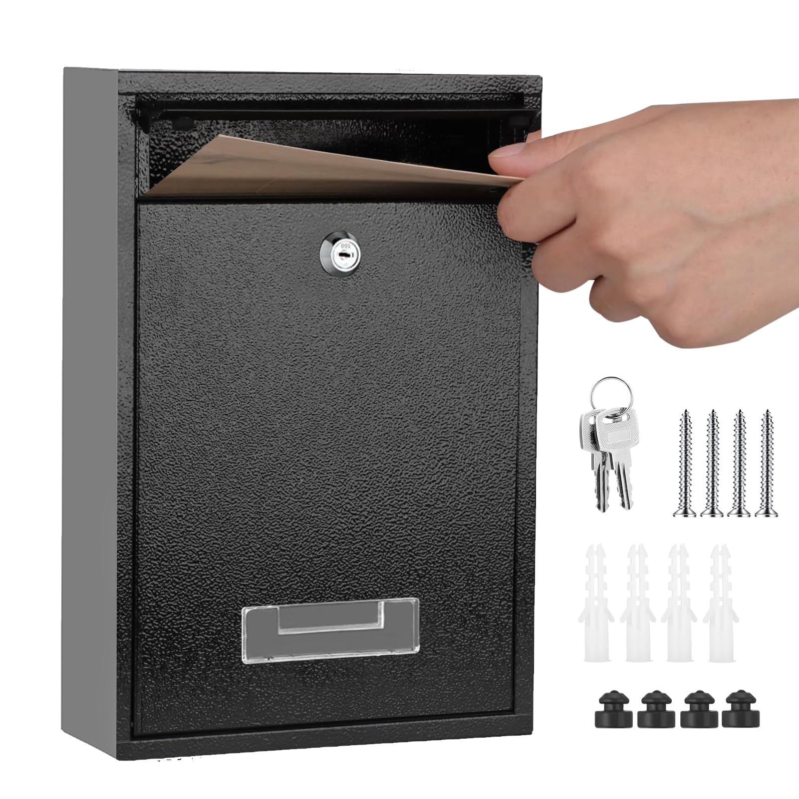 Buzón de correo para montaje en pared, impermeable, buzón grande con cerradura, color negro, con 2 llaves, buzón para pared exterior, fácil de instalar, mantiene tu correo seguro