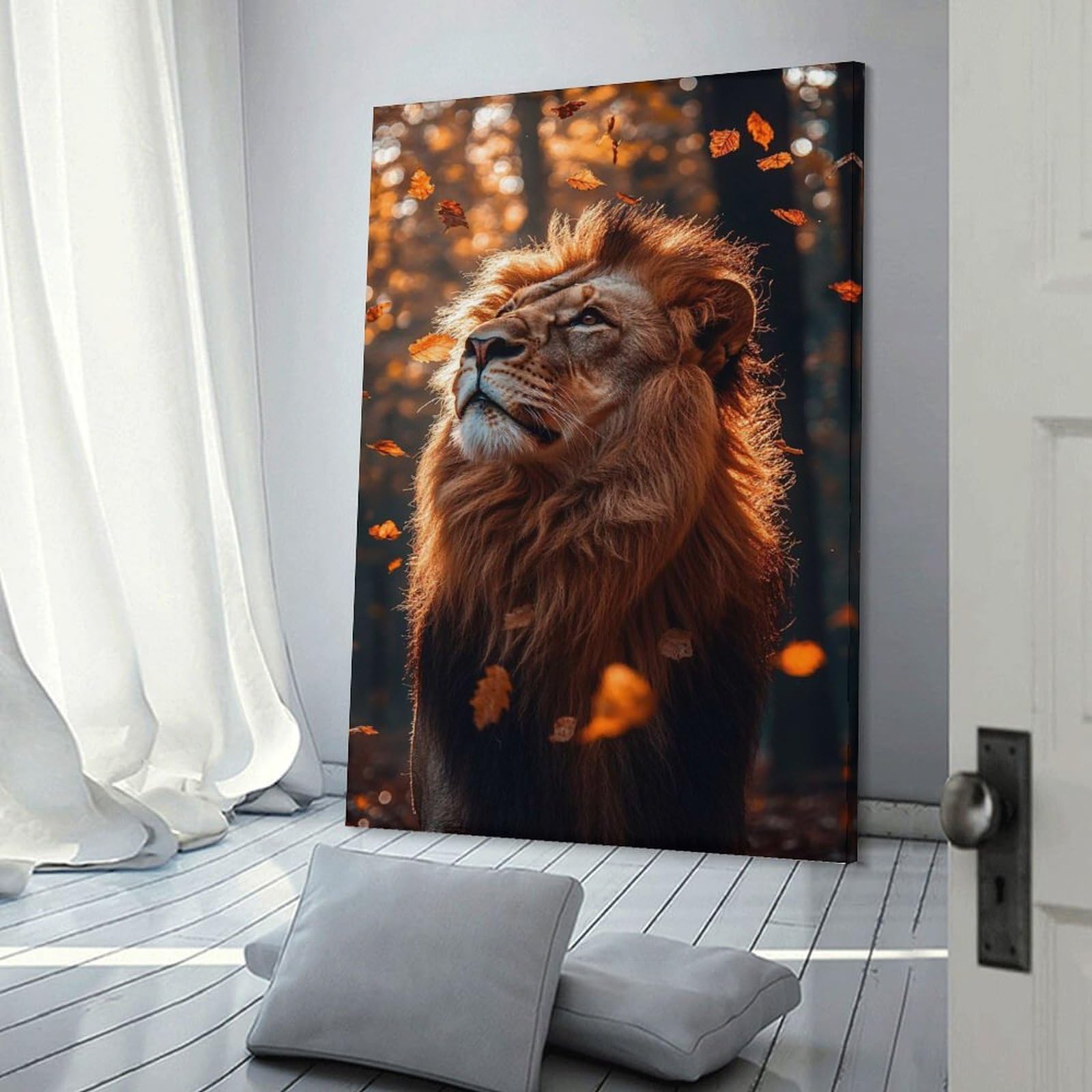 Junmoney Lion in Autumn Leaves Canvas Wall Decor, 24x36inch(60x90cm), for Art Walls, Layered Displays Or Homes, Home Wall Art for Statement Displays