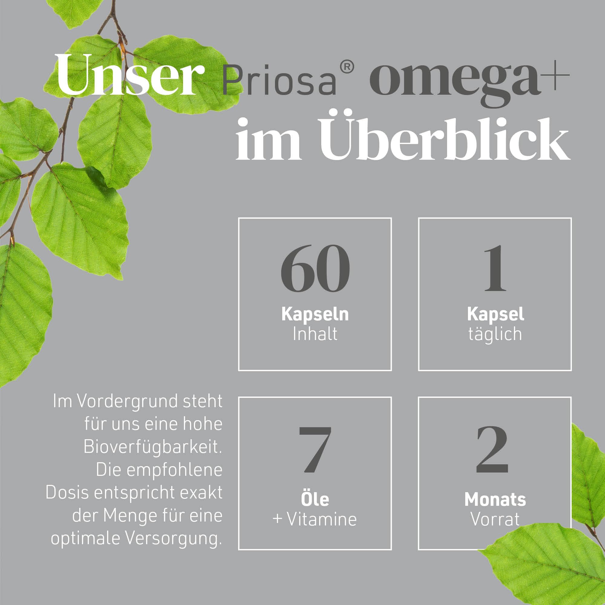 Priosa® omega+ 60 vegane Kapseln I Mit Omega-3 & Omega-6 Fettsäuren, Vitamin A + D + E + K2 & raren Ölen I Wichtige Fettsäuren