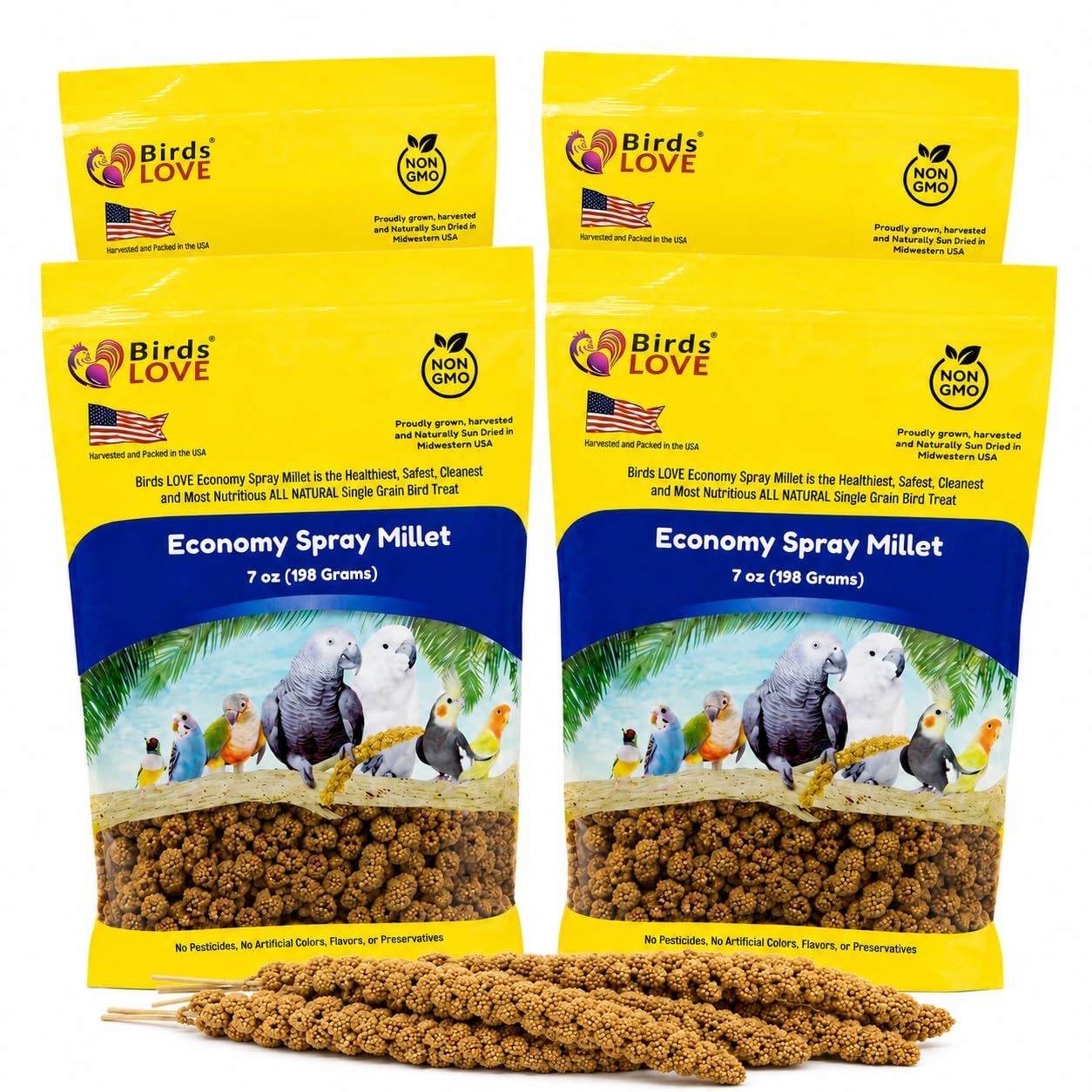 Birds LOVE® Economy Spray Millet for Birds, 7 oz, GMO-Free Natural Bird Treat, Stem-Reduced Millet Tops, USA Grown Spray Millet for Parakeets, Cockatiels, Lovebirds, Finches, Canaries -Pack of 4