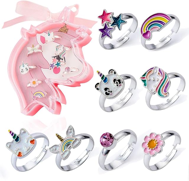 PowerKing Girl Rings, Adjustable Kids Unicorn Jewelry Rings Set and Party Play Dress Up Rings-Little Girls Christmas Birthday Gift