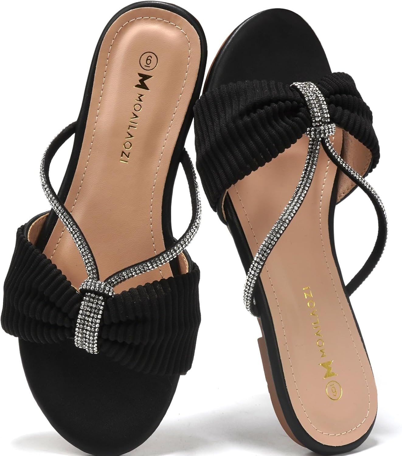 Women’s Flat Sandals Rhinestone Strappy Knot Slides With Soft Memory Foam Insole, Dressy Comfortable Suede Slippers for Summer Vacation