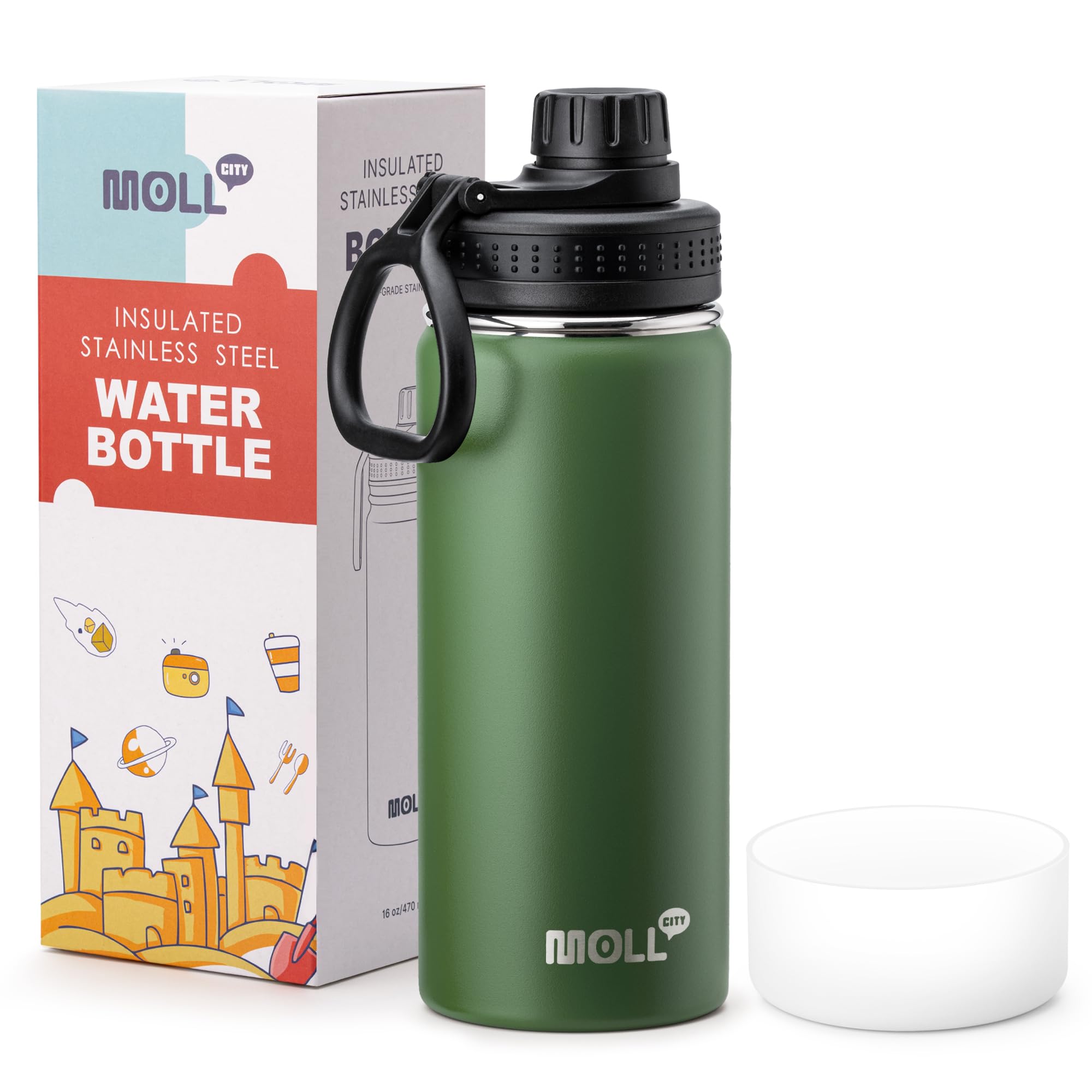 Mollcity Kids Water Bottle for School 16 oz Stainless Steel Double Wall Vacuum Insulated Sports Water Bottle Leak Proof-Reusable Metal Flask with Silicone Boot for Travel, BPA-Free(Grass Green)