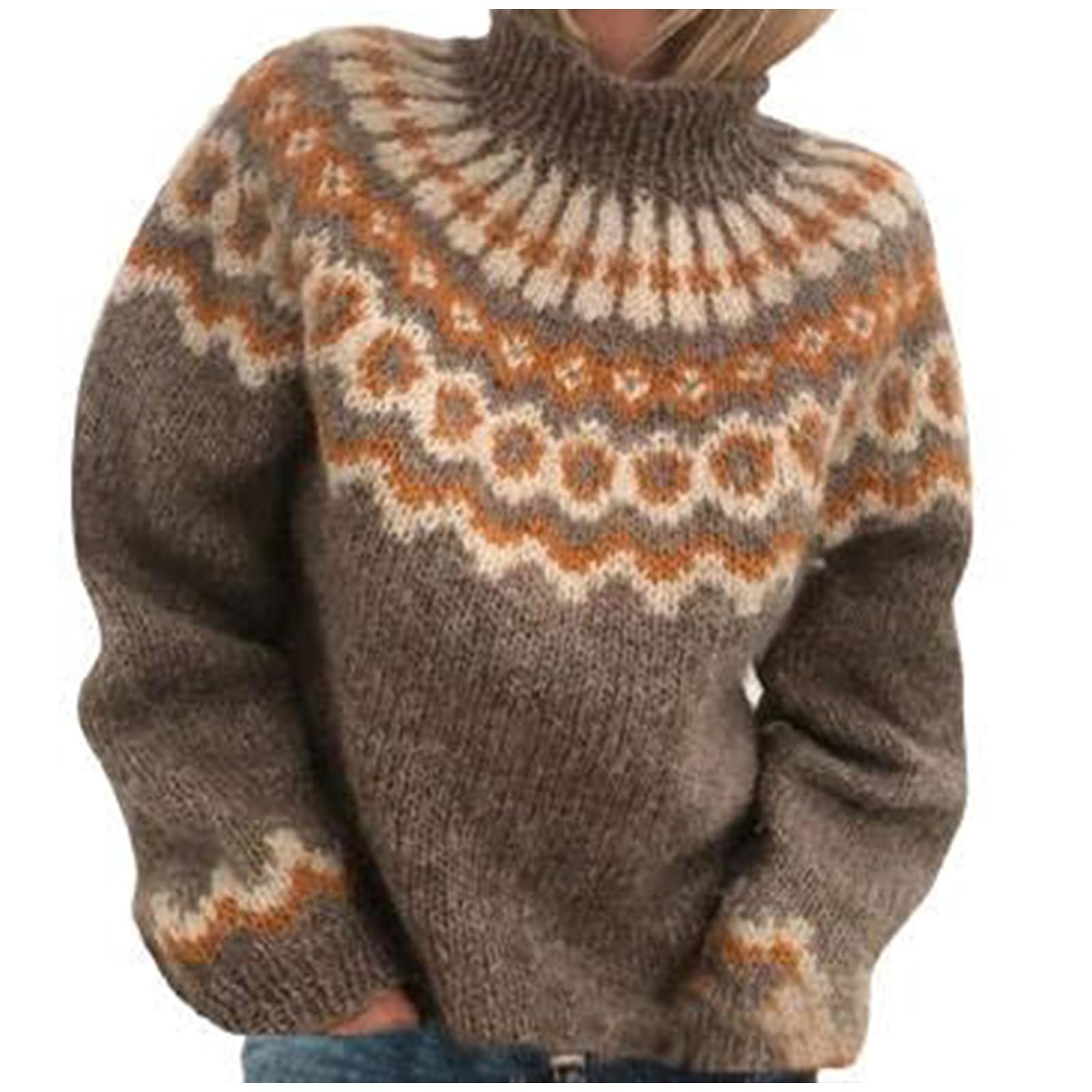 Fair Isle Sweater Women Retro Ethnic Argyle Turtleneck Sweaters Casual Loose Crewneck Long Sleeve Pullover Tops