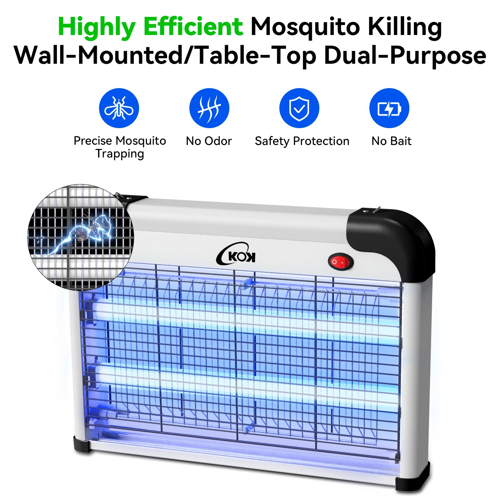 KOK 20W UV Lampara Antimosquitos, Mata Mosquitos Eléctrico, Sin Químicos, Incluye 2 Bombillas de Repuesto, Apto para Dormitorio Salón Cocina Uso Interior