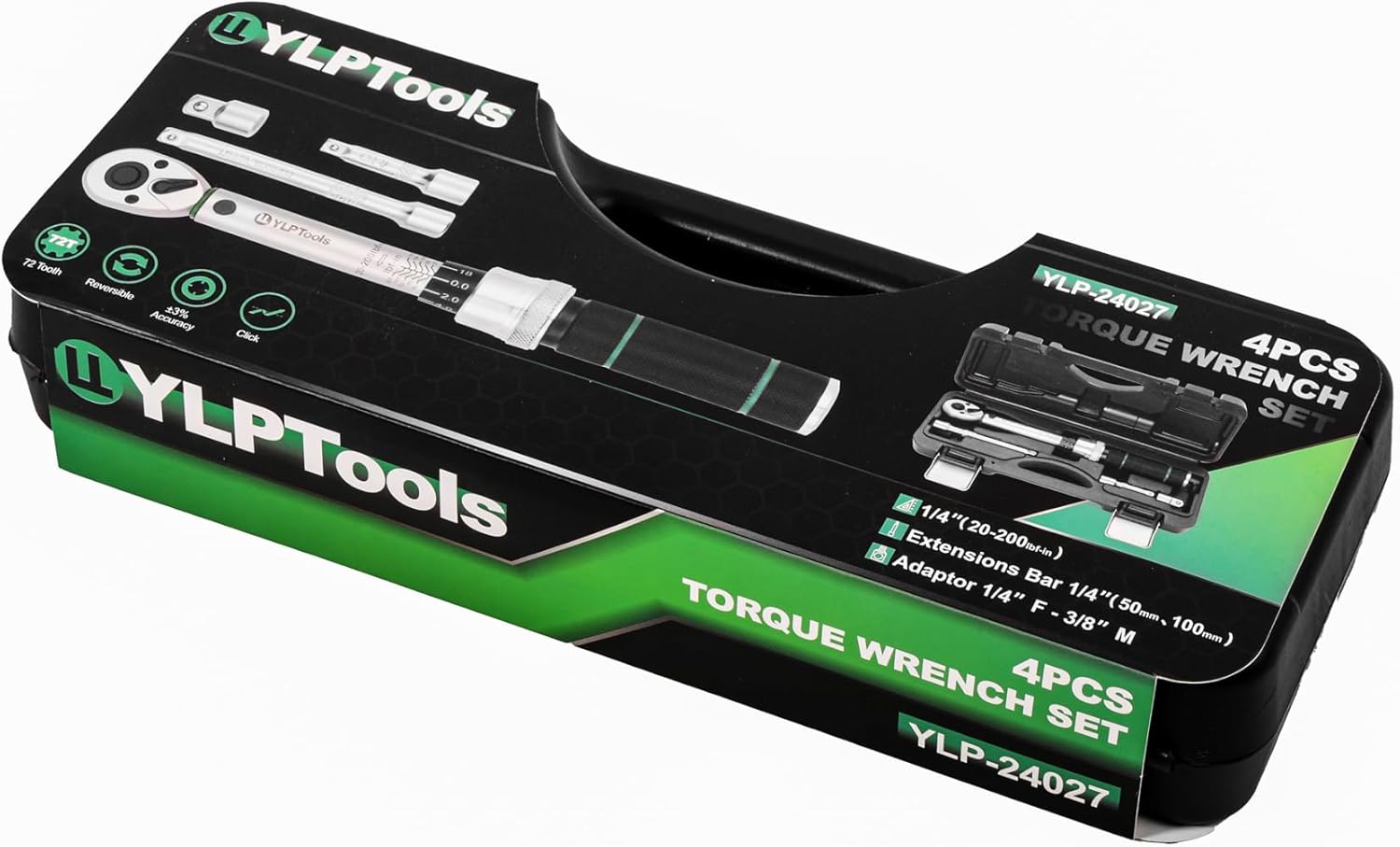 1/4-Inch Drive Click Torque Wrench Set, 20–200 in-lb (2.26–22.6 Nm), ±3% Accuracy, 4-Piece Kit with Adapters, Extension Bar, and Storage Case