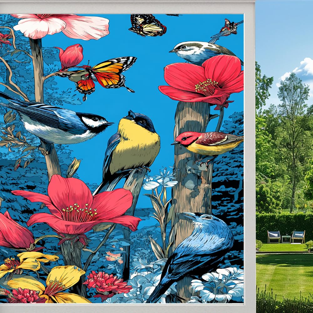 Spring Garden Birds Frosted Window Film, Nature Butterfly Wildflower Stained Glass Privacy Film, Heat Insulation Self-Adhesive Vinyl for Bathroom Office, （55x100cm）