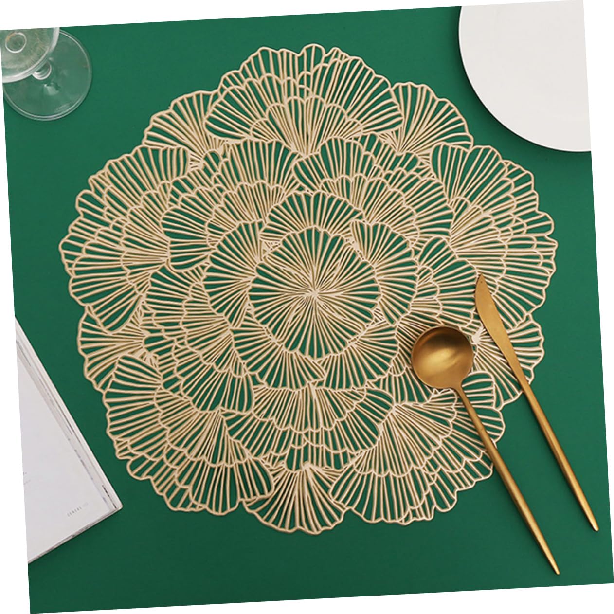 Mantel Individual Hoja de Ginkgo Dorado PVC 12 Piezas | Diseño Calado Elegante, Protector de Escritorio Multiuso, Formato Decorativo para Mesa