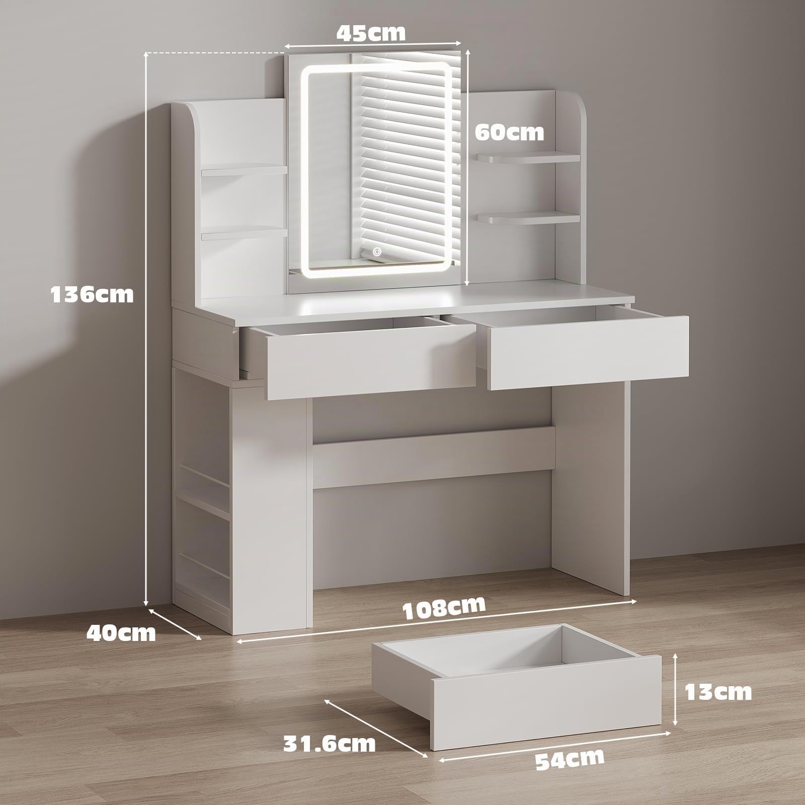 JUMMICO Coiffeuse avec Miroir LED et Lumière Réglable, Table de Maquillage Moderne avec Rangement Maximisé - 4 Étagères, 2 Tiroirs + Compartiment Latéral, Dimensions 108x40x136 cm pour Chambre (Blanc)