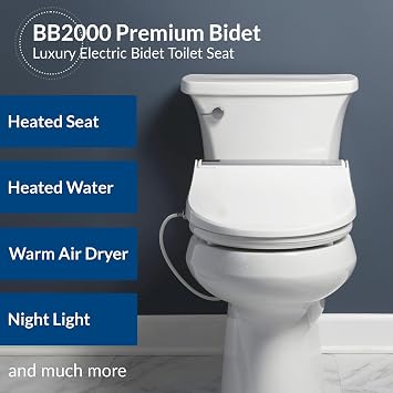 Bio Bidet BB2000 Bliss Electric Bidet Toilet Seat, Warm Water with Air Dryer, Heated Seat with Sensor and Slow Close Lid, Night Light, Remote Control, Elongated, White