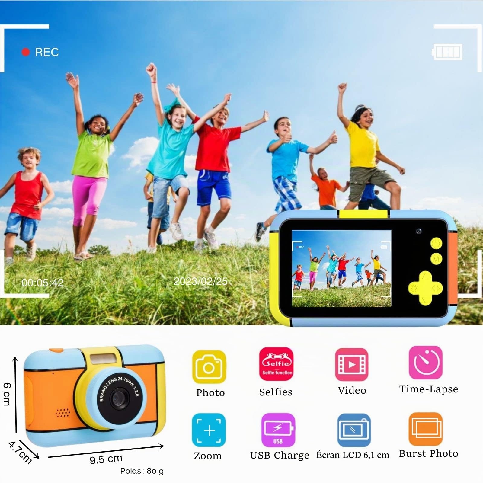 Appareil Photo pour Enfants, 24MP 1080P FHD Appareil Photo Numérique 2.4" Selfie Apareille Photo Video Caméra avec 32G Carte, Zoom, Cadeaux pour Garçons & Filles de 3 4 5 6 7 8 9 10 11 12 Ans