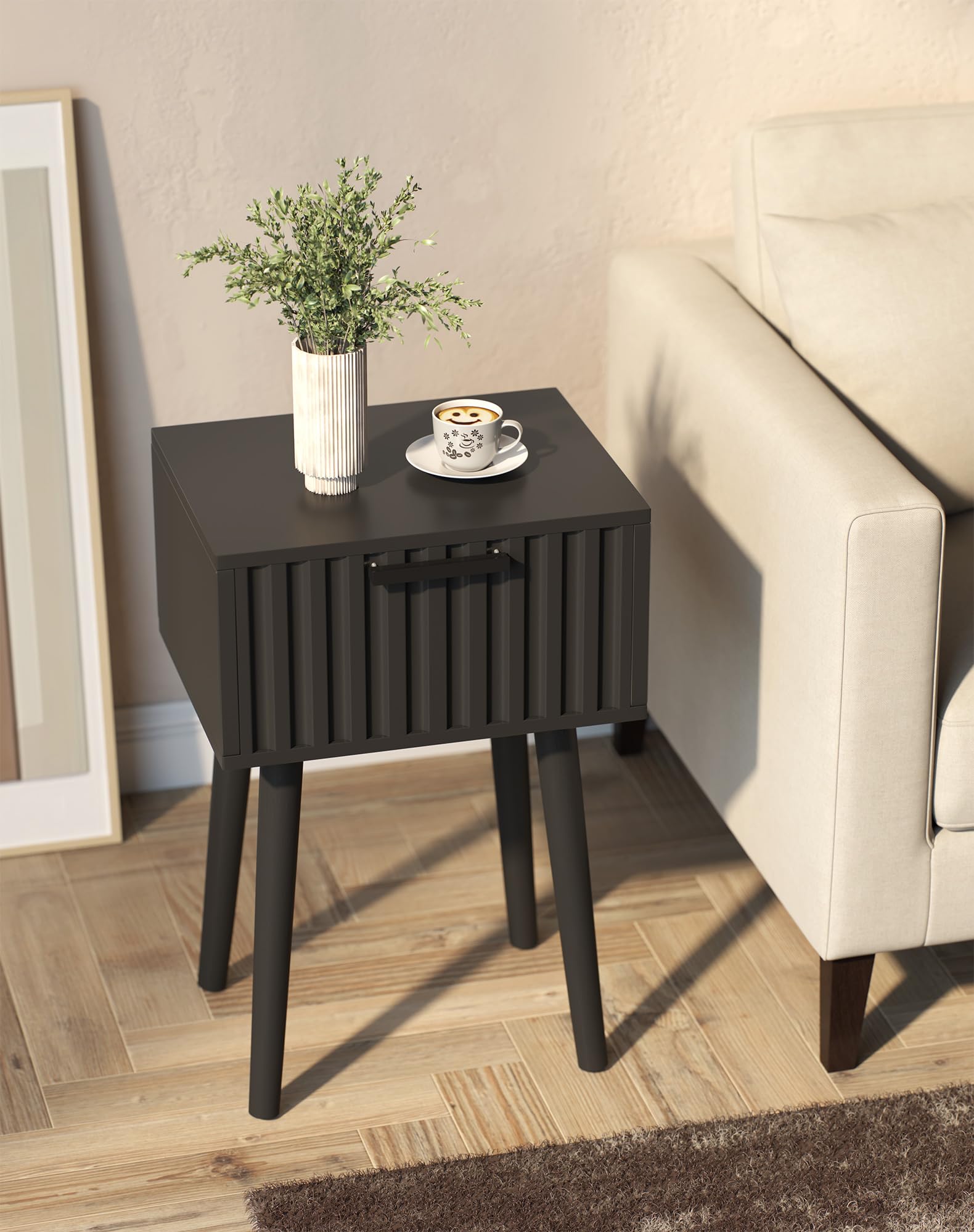 YMYNY Nachttisch 2er Set, Beistelltisch, Nachtschrank, Magnetschublade mit geriffelten Fronten, Massivholz Beinen, Modern, Couchtisch für Schlafzimmer Wohnzimmer, Schwarz HST014B-2