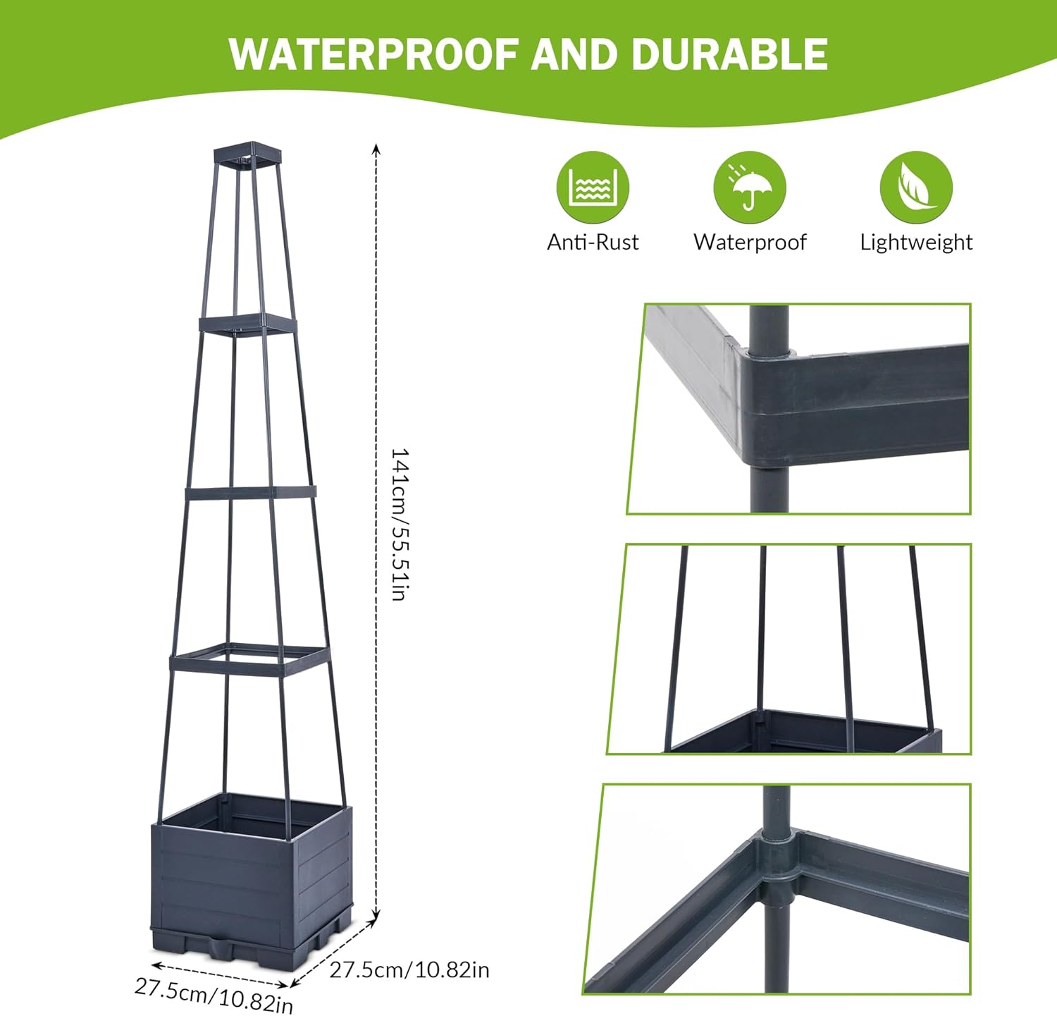 GENMOUS Raised Garden Bed with Tomato Planter Box Trellis, 56'' Tomato Cages for Garden, Tomato Planter Cage for Patio for Climbing Plants Vegetable Vine Flowers Outdoor & Indoor, 4 Pack