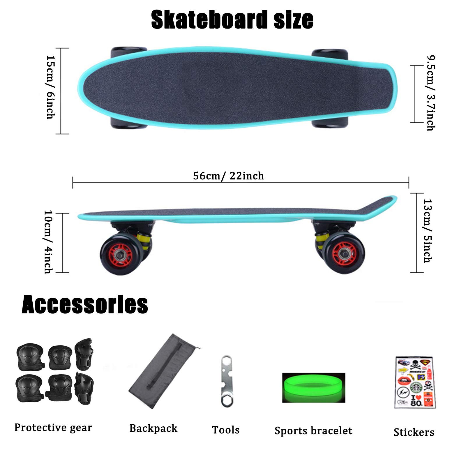 22"Mini deskorolka cruiser z PU świecące koło, deskorolka wklęsła pełna pokrywa PP pojedynczy kopnięcie z ochronnym sprzętem dla początkujących, dorośli, nastolatków, dzieci