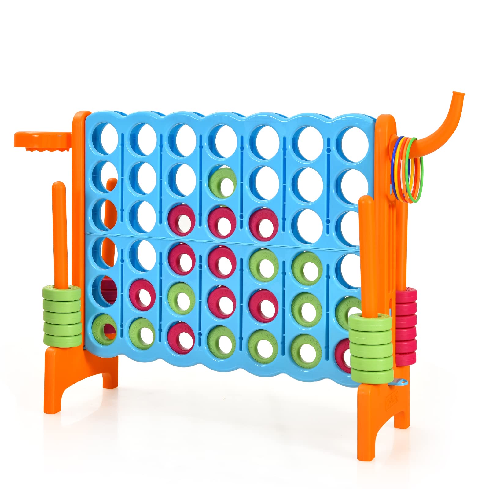 COSTWAY Giant Connect 4, 3-in-1 Indoor Outdoor Family Game with Basketball Hoop, Ring Toss, 42 Jumbo Rings, Quick-Release Slider, Four in A Row Game Set for Kids Adult (Orange)