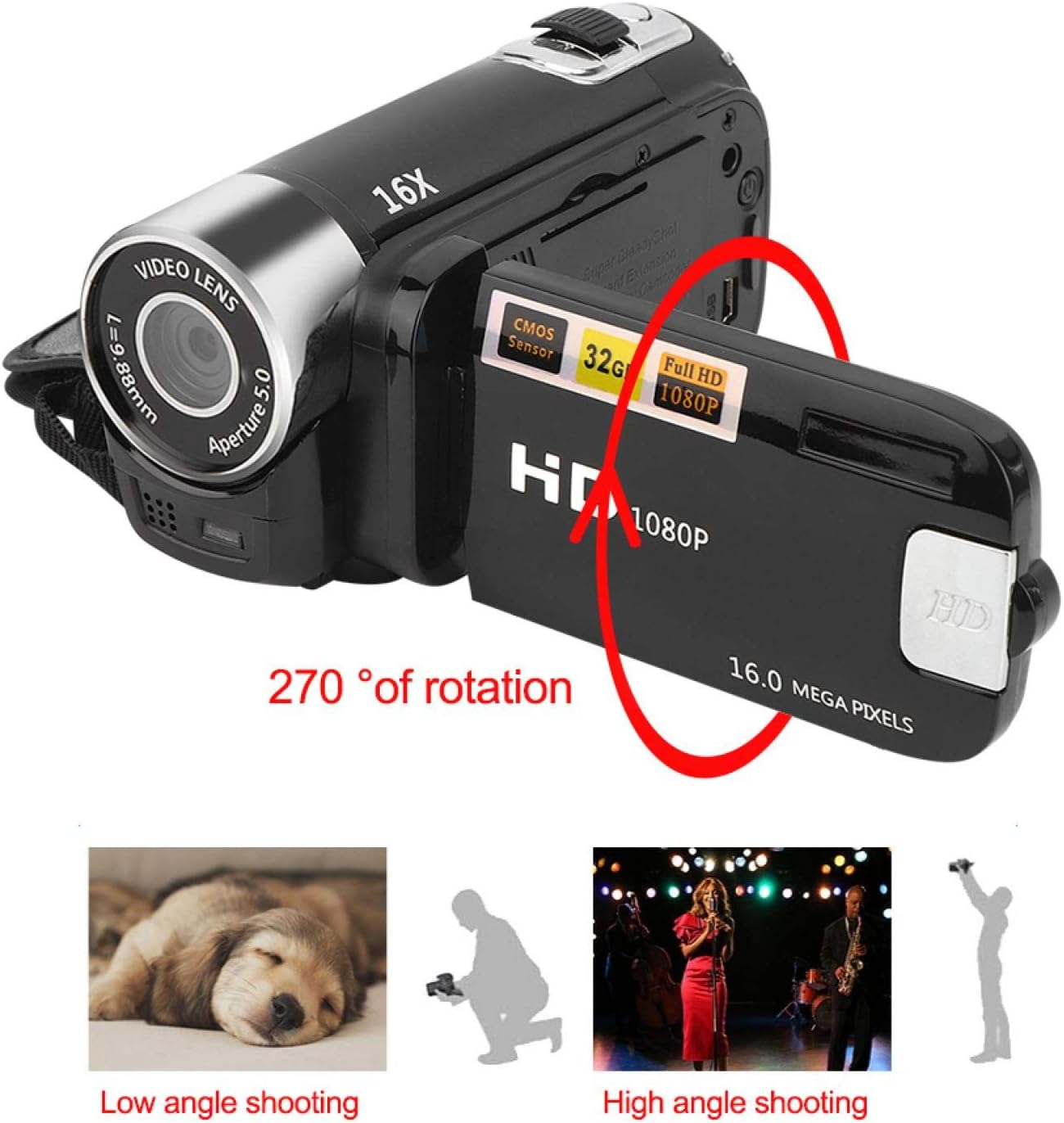 Camcorder, 1080P Full HD Video Camera with 16MP Digital Camera, 2.7 Inch Rotating LCD Screen, 16X Digital Zoom, Portable Camcorder for Vlogging