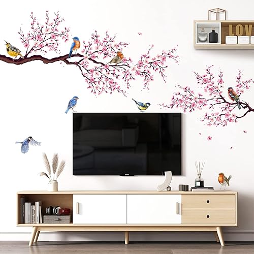 RW-8060 Calcomanías de pared de flor de durazno rosa, flores de cerezo, ramas de árboles, calcomanías de pared para bricolaje, pájaros voladores