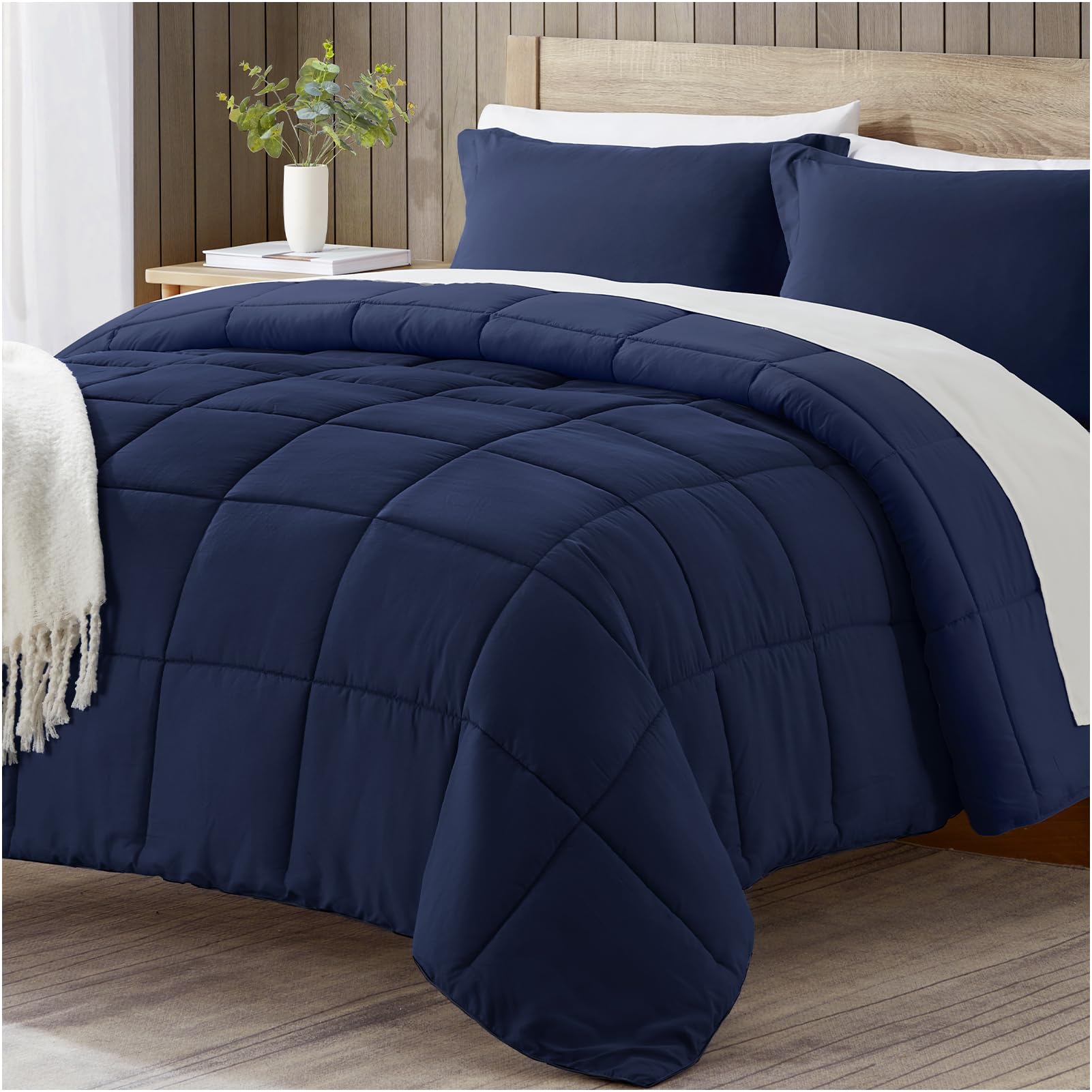 satisomnia King Comforter Set Navy, Lightweight Comforters King Size Bed, Soft Breathable Down Alternative Bed Comforter Set, Solid All Season 3Pcs King Bedding Set with 2 Pillow Shams King Navy