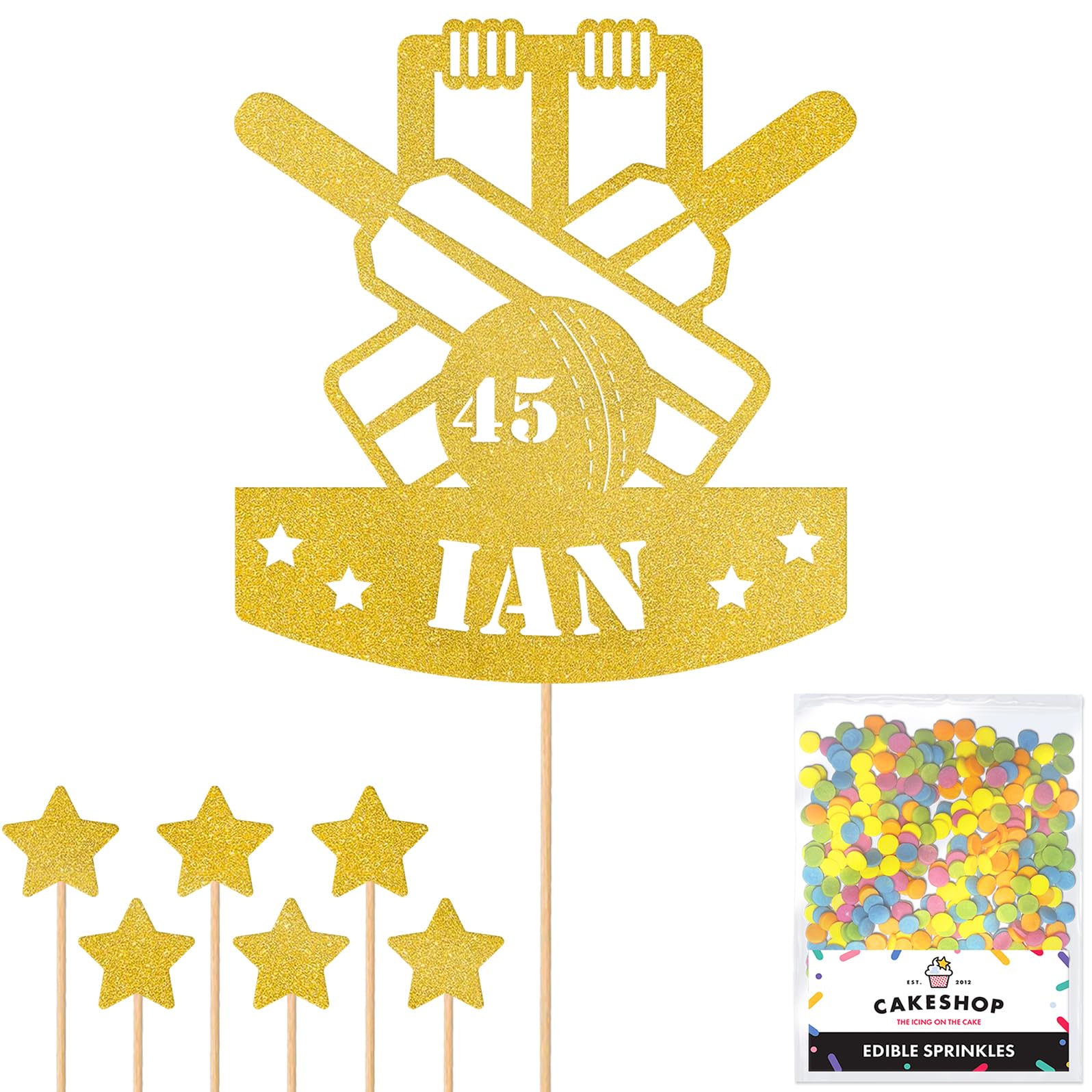 Personalised Cricket Wicket Bat and Ball Glitter Cake Topper - Gold Custom Age & Name Glitter Cake Decoration and Sprinkles - Happy Birthday Decorations - Personalised Toppers for Cakes by Cakeshop